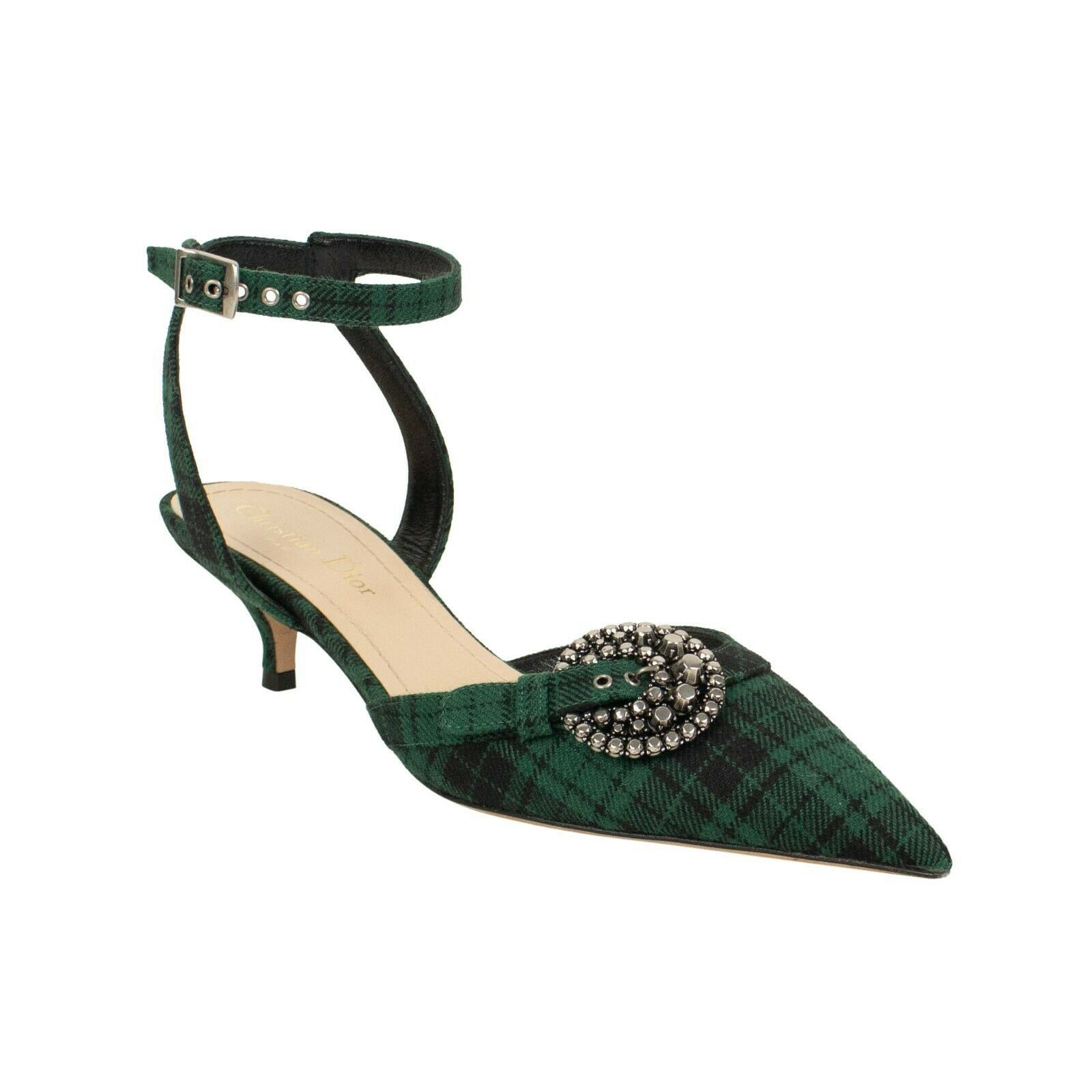 image of Green 'Dior Gang' Tartan Ankle Strap Heel Shoes Size 8.5/38.5, Women's