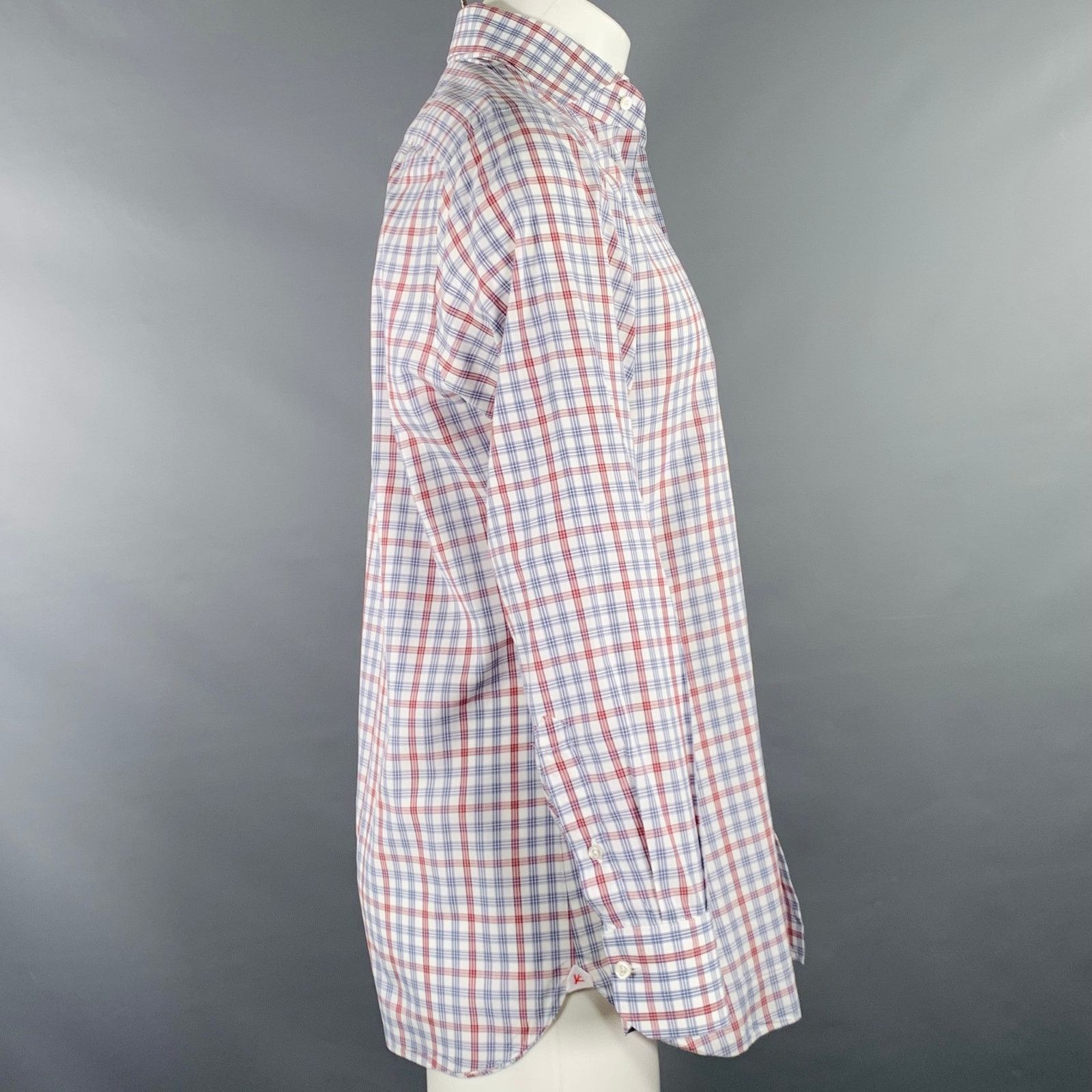 Isaia Burgundy White Blue Plaid Cotton Spread Collar Shirt Size US M / EU 48-50 / 2 - 3 Thumbnail