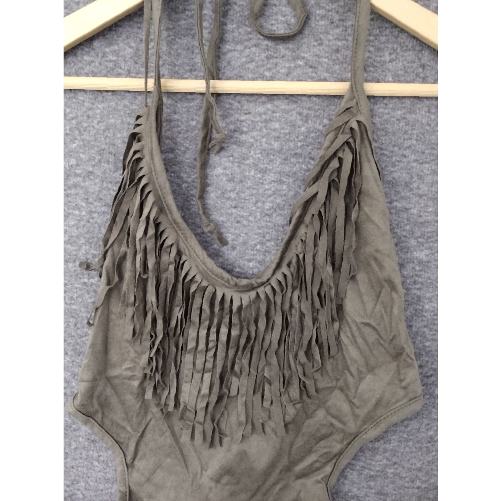 Olive Codigo Fringe Bodysuit Women's Olive Gray Color Size L - Adult Ladies - One Piece - Fringe Accents - Polyester Spandex - Black? Wait. Size L / US 10 / IT 46 - 3 Thumbnail