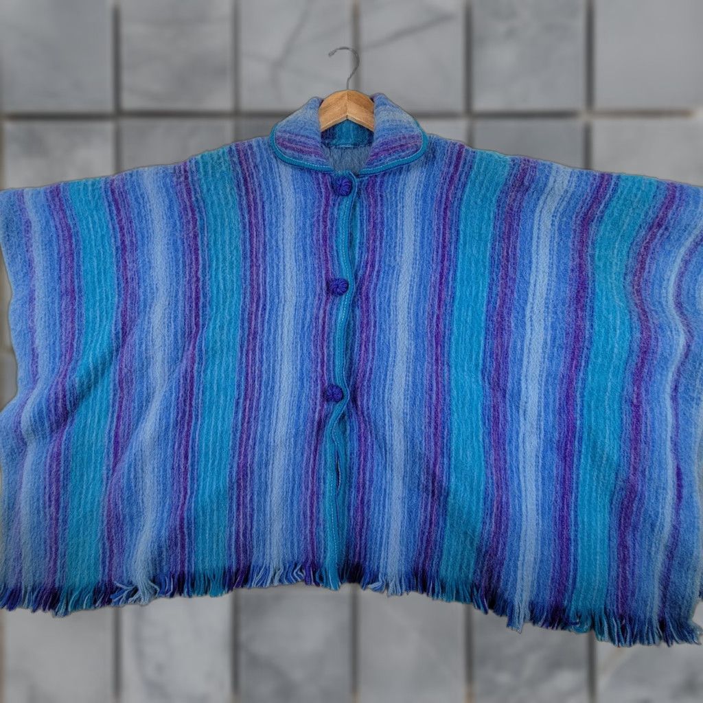 Folk VINTAGE Poncho Cloak Wool Blend Purple Geometric High Neck Button Crochet Fringe Pockets Cozy Casual Women One Size Size ONE SIZE - 1 Thumbnail