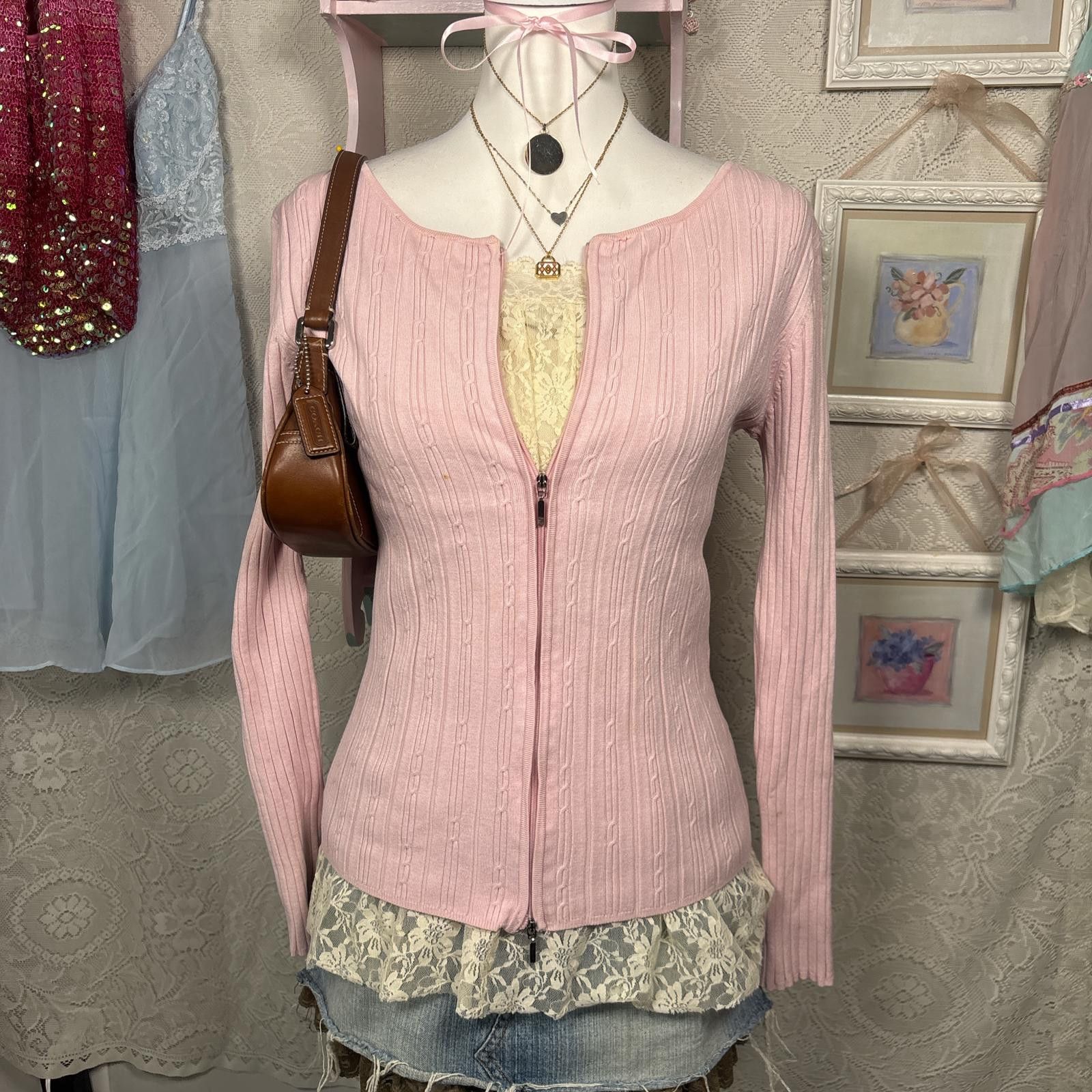 Baldinini vintage pink coquette zip up sweater Size M / US 6-8 / IT 42-44 - 2 Thumbnail