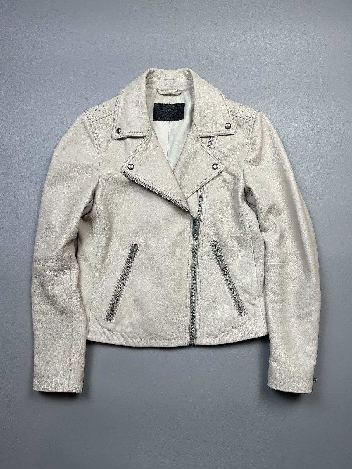 image of Allsaints x Leather Jacket Dalby Slim Fit Leather Biker Jaket Light Cream Rn128793 in Ice Cream, Wo