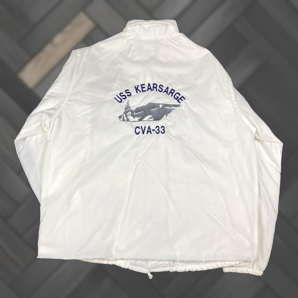 VINTAGE Dunbrooke Windbreaker Jacket Mens L White USA Navy Navy Theme Windbreaker Snap Closure