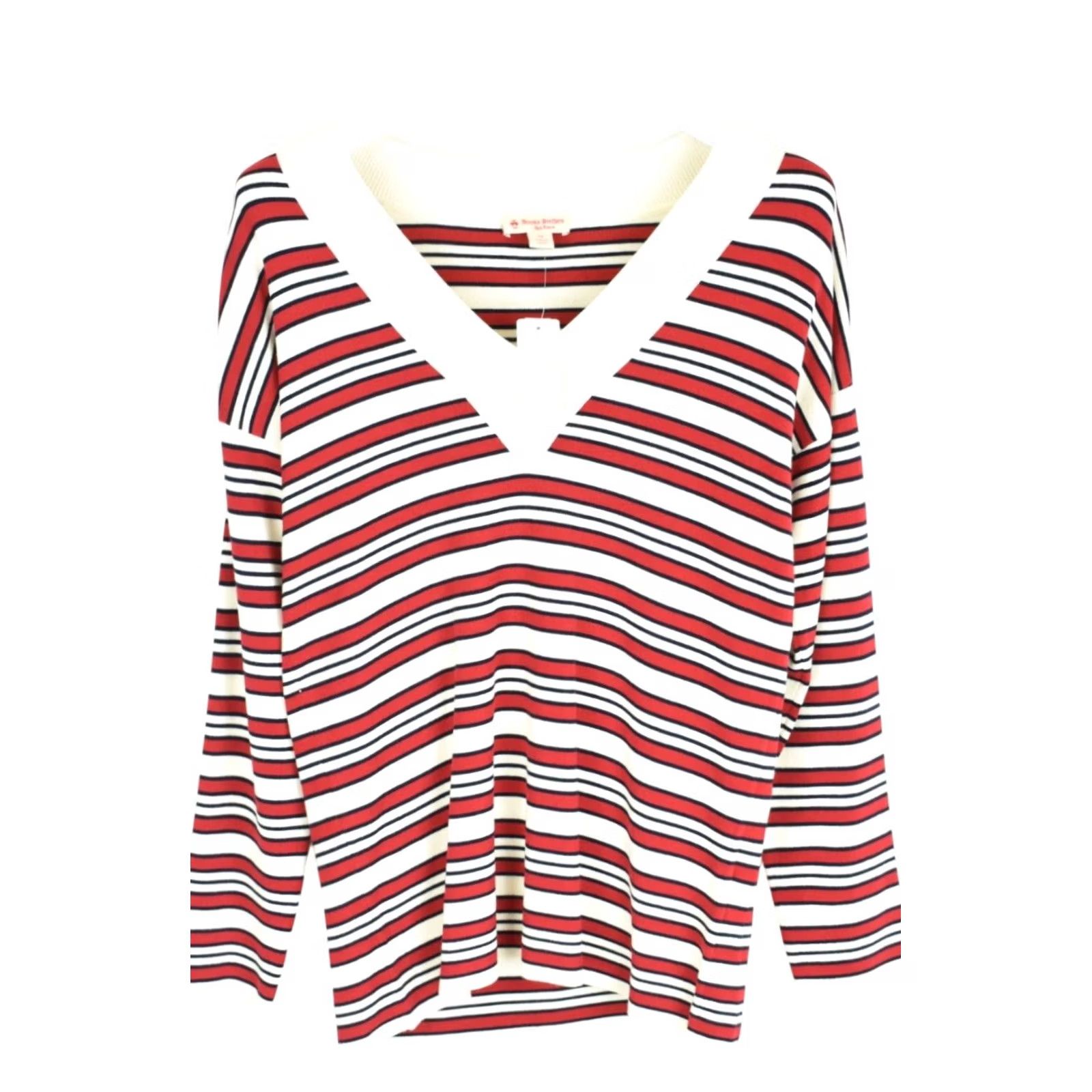 Brooks Brothers BROOKS BROTHERS Red Fleece Jumper Women's MEDIUM Pullover Stripe Deep V-Neck Size M / US 6-8 / IT 42-44 - 2 Thumbnail