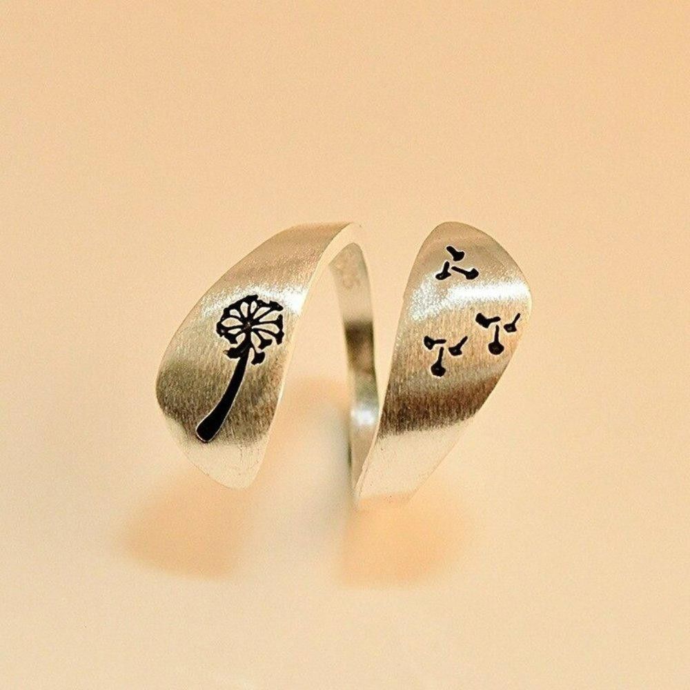 Designer Silver Carved Engraving Dandelion Open Ring Size ONE SIZE - 6 Thumbnail