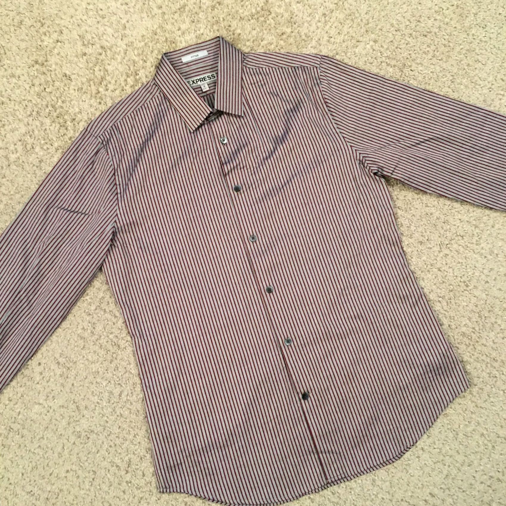 Express Express Shirt Mens Medium Gray Red Striped Long Sleeve Button Up Fitted Size US M / EU 48-50 / 2 - 5 Thumbnail