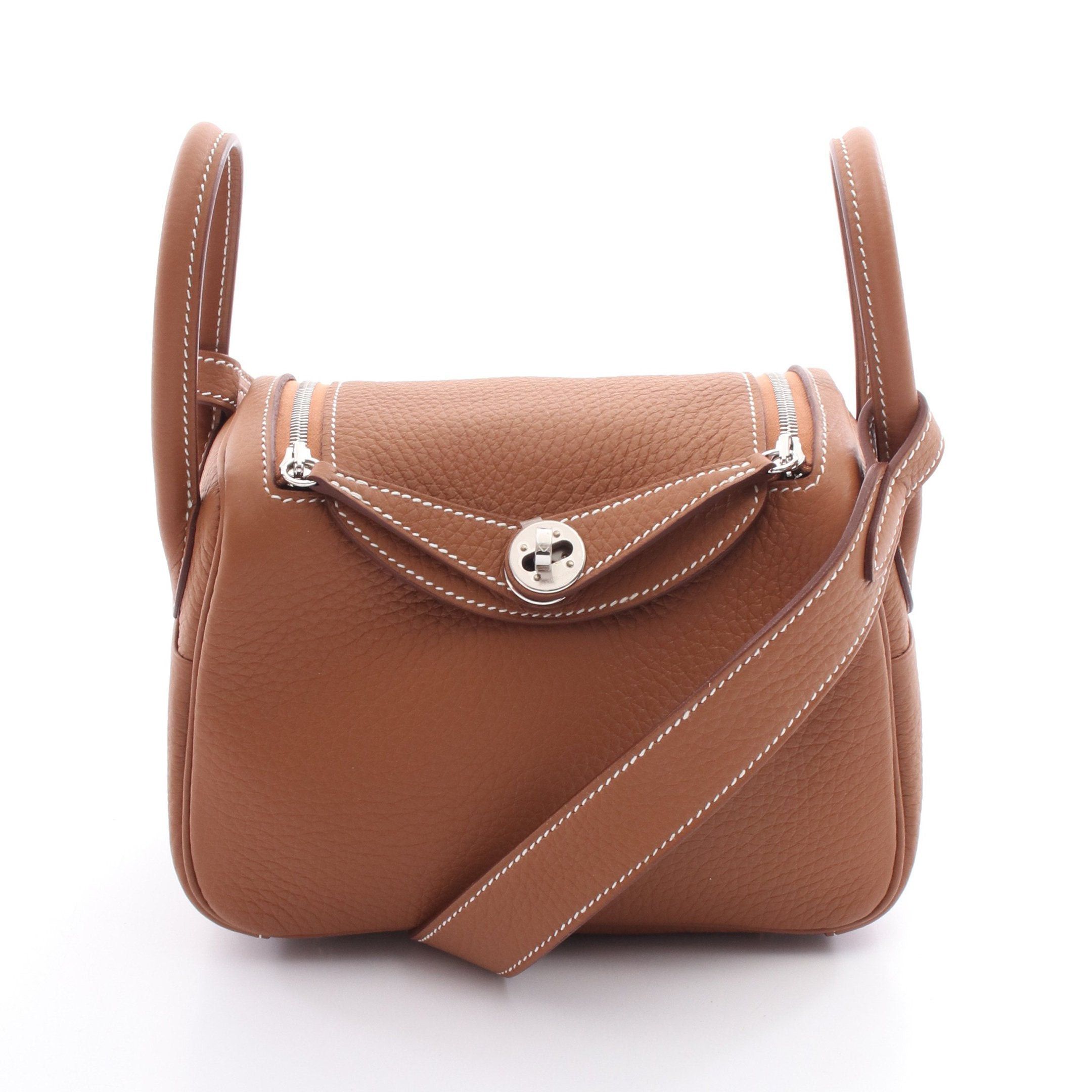 Hermes Lindy Mini Gold Shoulder Bag Clemence Leather Brown Silver Hardware Double Engraved, Women's