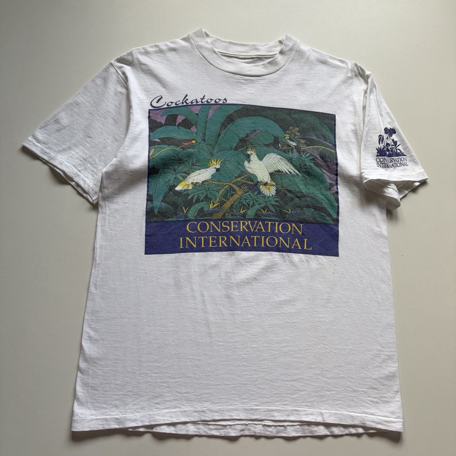 Vintage 90s Cockatoo Bird Art Shirt Medium White Wildlife