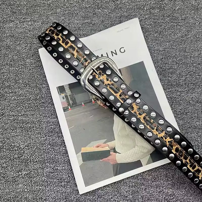Leather Heavy Metal leopard print Rivet PU Leather Belt Size ONE SIZE - 5 Thumbnail