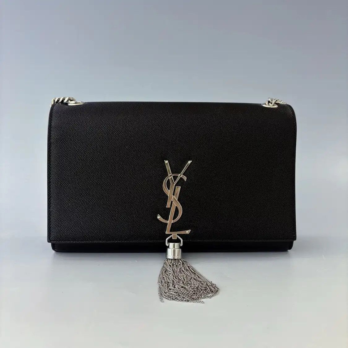 Saint Laurent Paris Ysl Kate Medium Black Cowhide Leather Fringe Flap Bag Chain, Women's