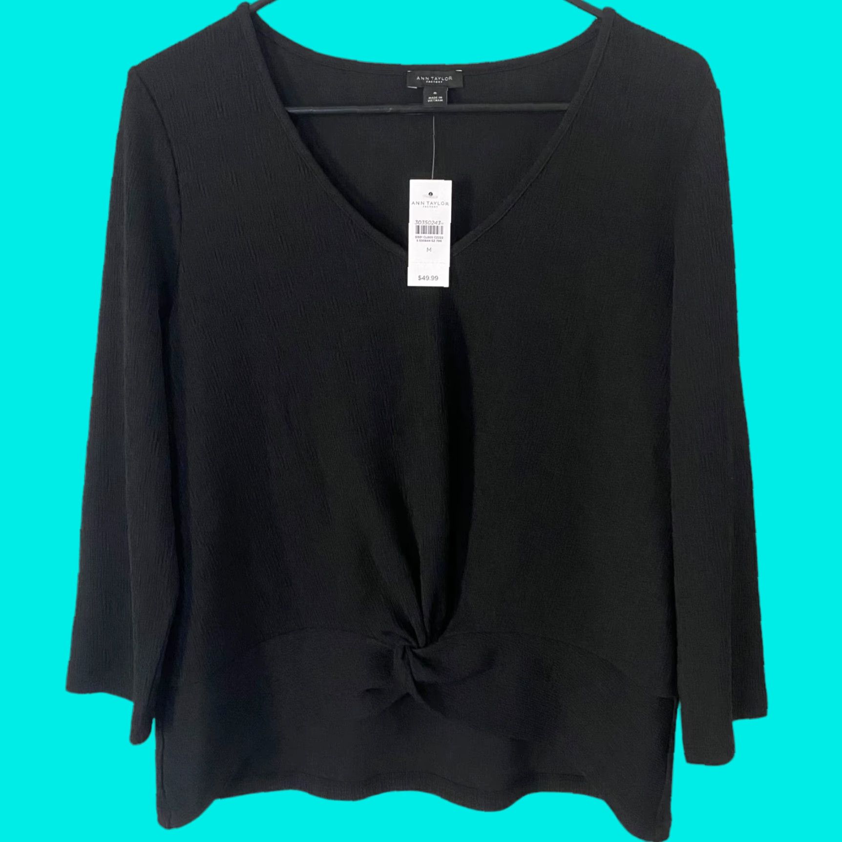 Ann Taylor Ann Taylor Crinkle Crepe V-Neck Blouse Black Womens Medium 3/4-Sleeve Blouse Size M / US 6-8 / IT 42-44 - 1 Thumbnail