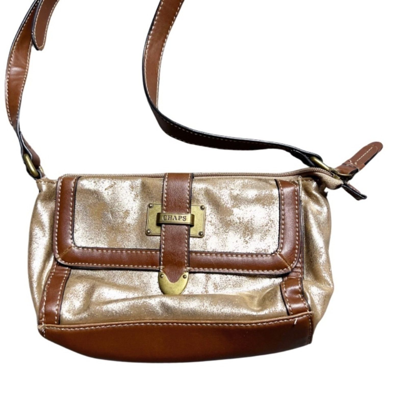 Chaps Chaps Metallic Gold Brown Faux Leather Zip Crossbody Purse Size ONE SIZE - 1 Thumbnail