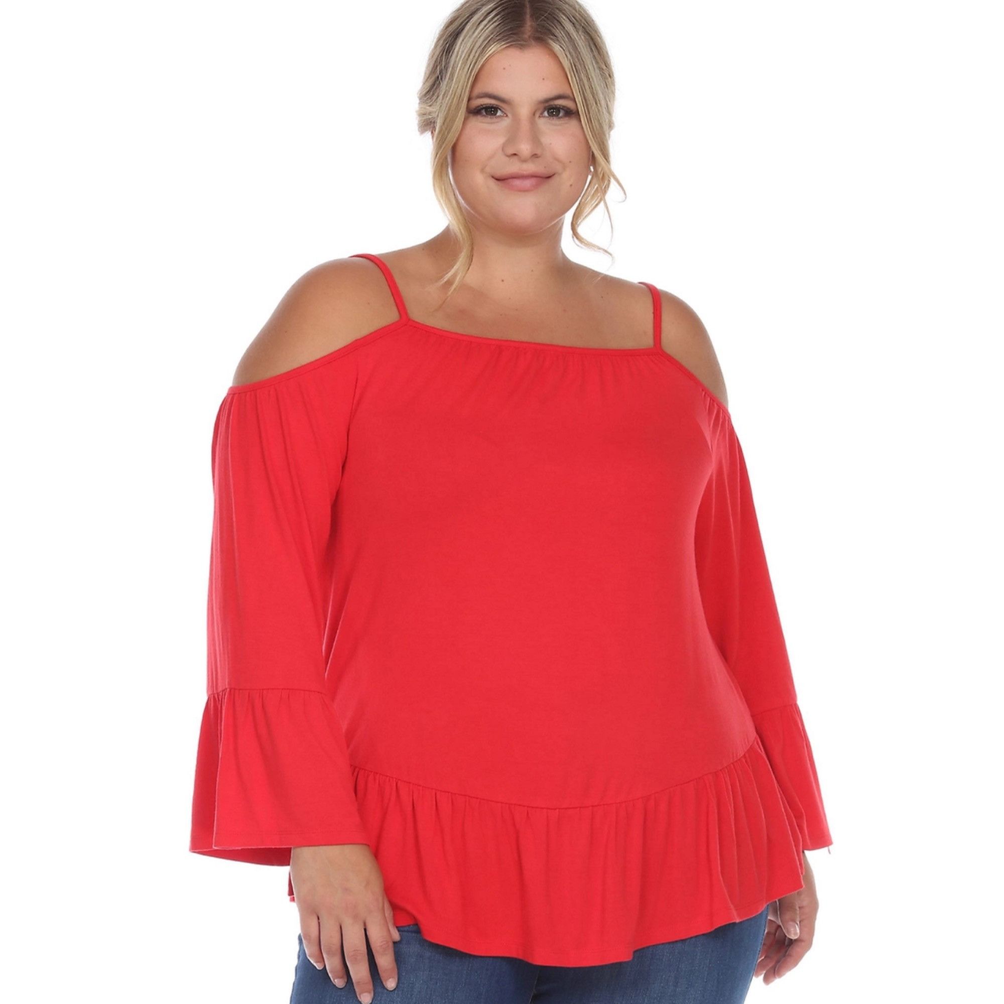 White Mark White Mark Red Cold Shoulder Peasant Top 1XL Ruffle Hem Knit Size XL / US 12-14 / IT 48-50 - 1 Thumbnail