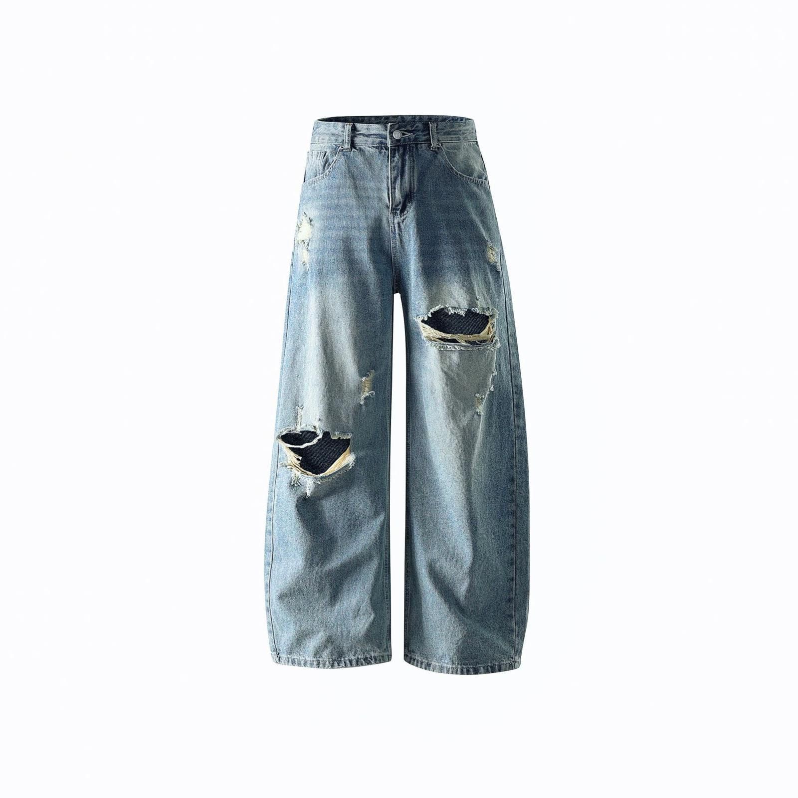 Japanese Brand Light Blue Distressed Wide Leg Denim Jeans, Baggy Fit Size US 30 / EU 46 - 7 Thumbnail
