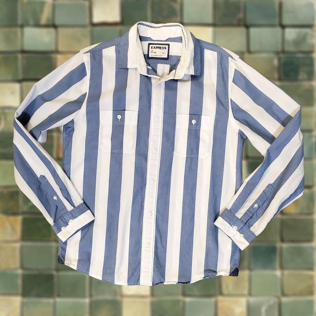 Express Express Mens Shirt Button-Up Sz M Blue White Striped Slim Cotton Long Sleeve Size US M / EU 48-50 / 2 - 1 Thumbnail