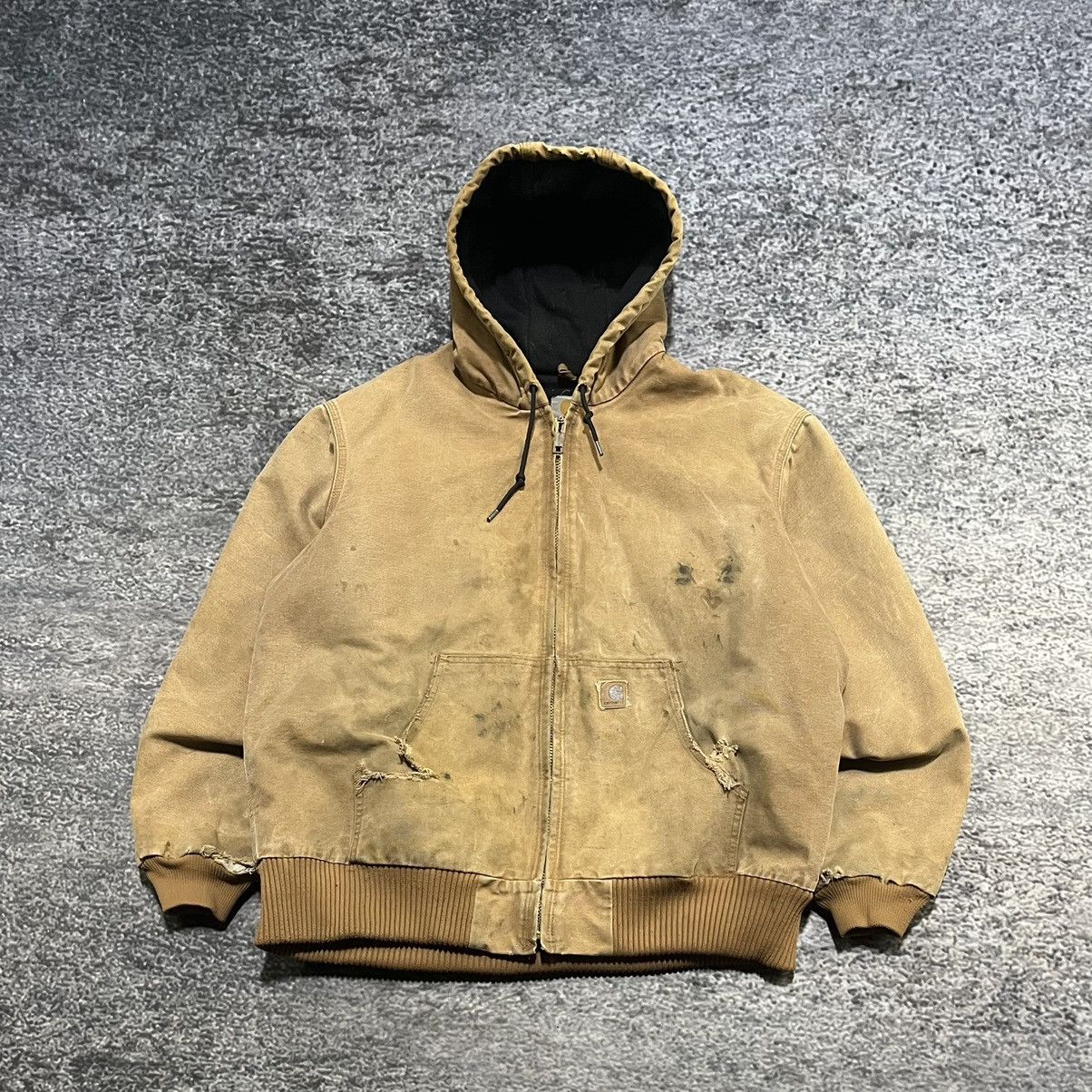 VINTAGE CARHARTT TAN FADED DISTRESSED WORK HOODED JACKET XL