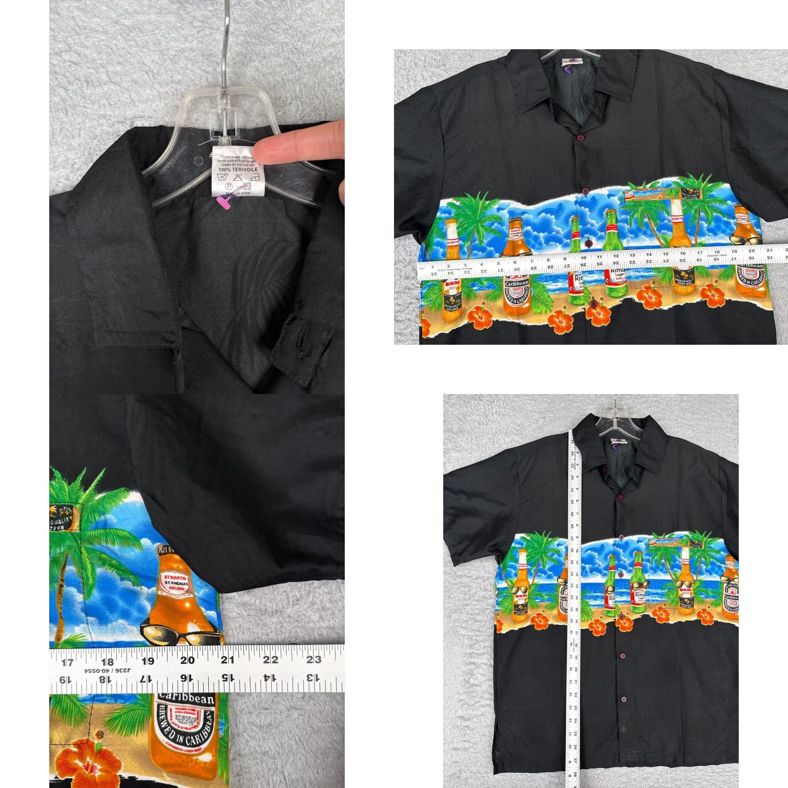 Erima Rima Shirt Men M Black Palm Beer Sunglasses Beach Hawaiian 100% Terivoile Floral Short Sleeve Button-Up Size US M / EU 48-50 / 2 - 8 Thumbnail