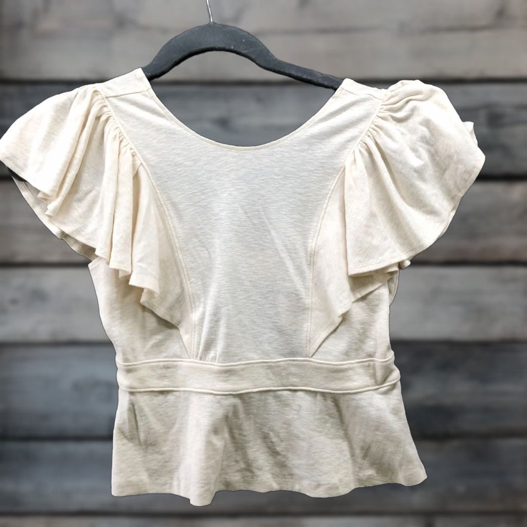 Banana Republic Banana Republic Ruffle Short Sleeve Peplum Top Womens XS Ivory Knit Crew Neck Pullover Casual T-Shirt Size XS / US 0-2 / IT 36-38 - 1 Thumbnail