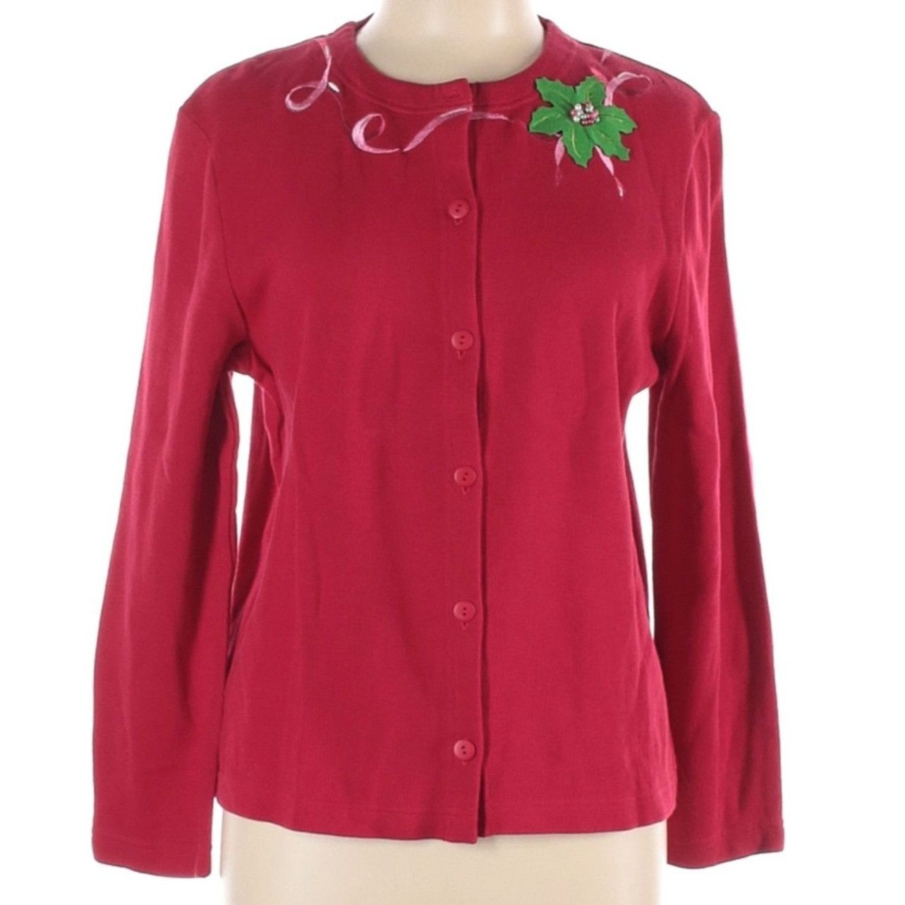 Other Onque Casual L Red Holiday Cardigan Beaded Holly Applique Bu Size L / US 10 / IT 46 - 1 Thumbnail