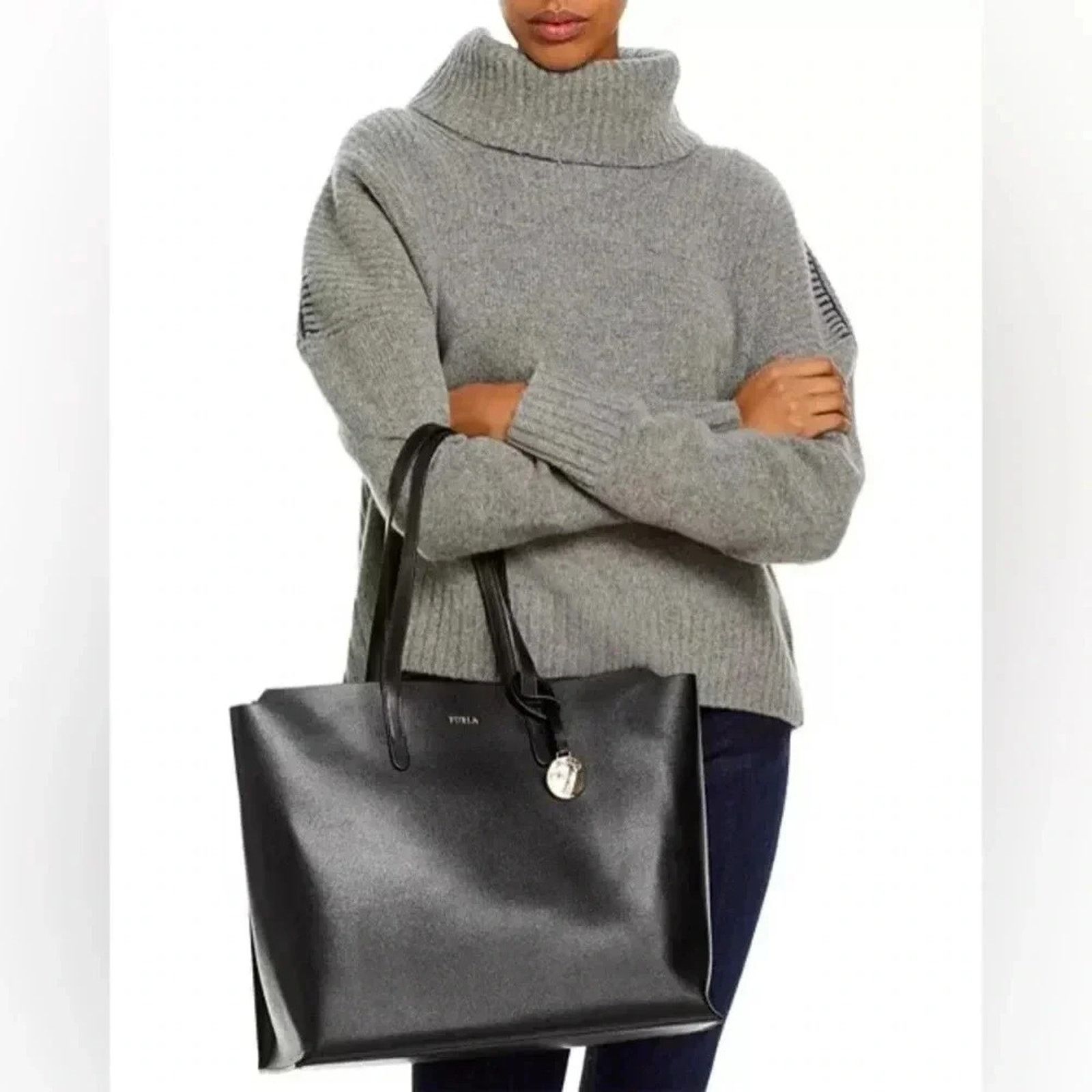 FURLA Sally Saffiano Leather Tote Shoulder Purse Black Large