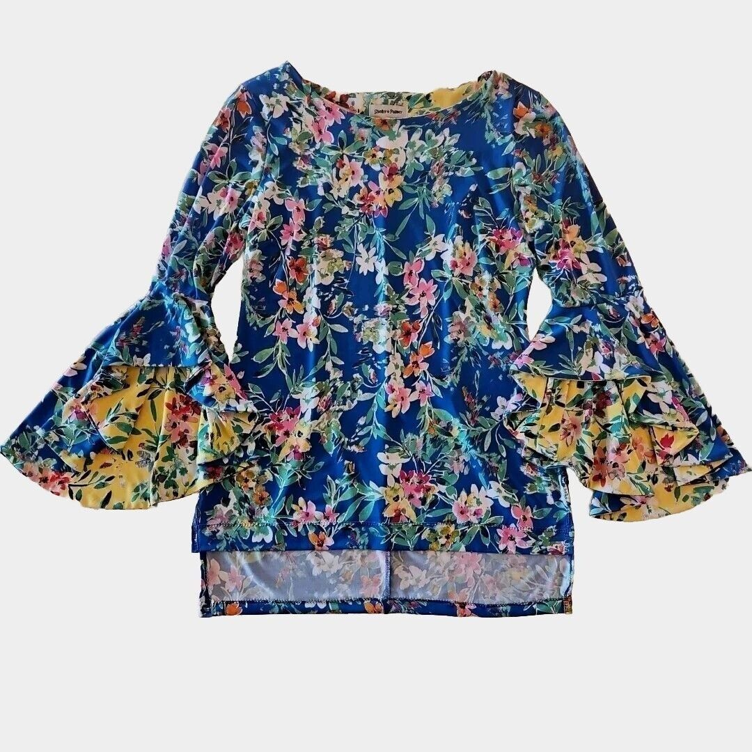 Vintage Shelby Palmer Bell Sleeve Tunic Top Womens 12 Teal Floral Pr Size XL / US 12-14 / IT 48-50 - 7 Thumbnail