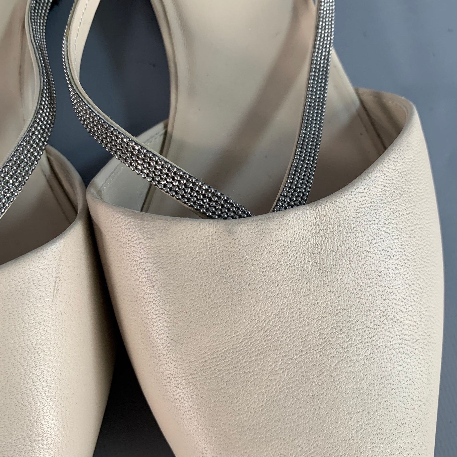 Brunello Cucinelli BRUNELLO CUCINELLI Beige Silver Leather Monili Slip On Flats Size US 10 / IT 40 - 10 Thumbnail
