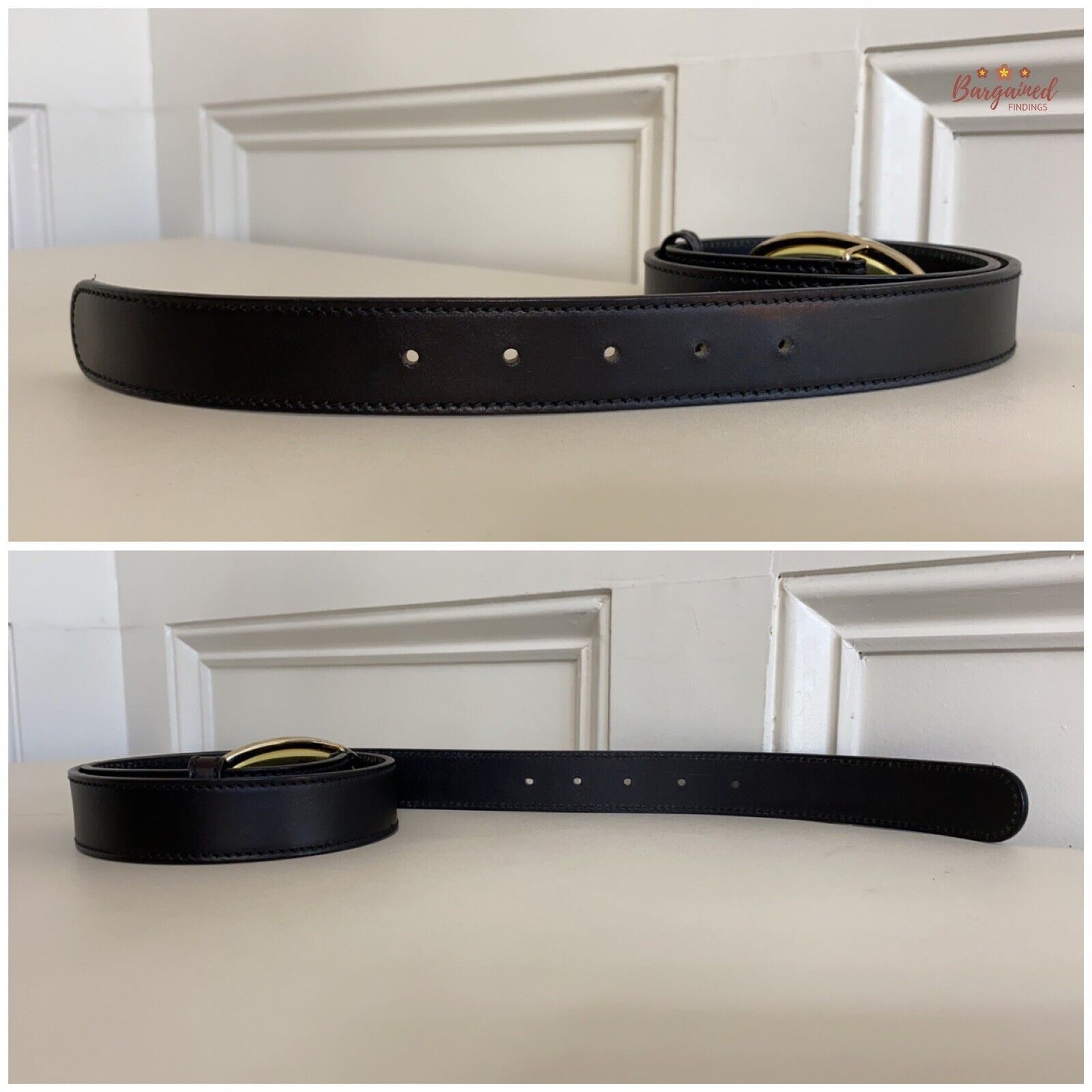 Gucci GUCCI Black Calfskin Leather Gold Script Oval Buckle Belt Size 32 - 9 Thumbnail