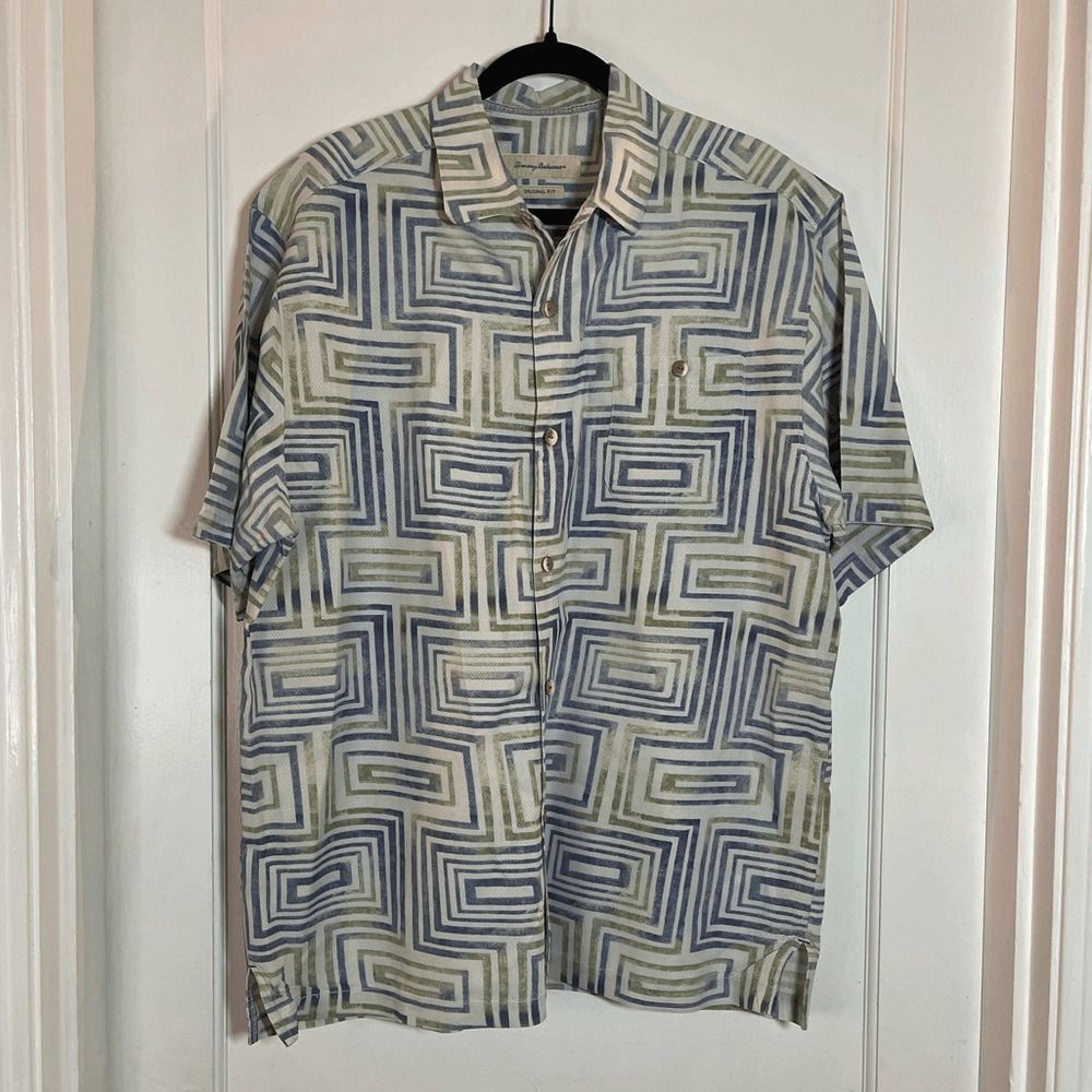 Tommy Bahama Tommy Bahama 100% Silk Shirt geometric pattern blue green co Size US L / EU 52-54 / 3 - 1 Thumbnail