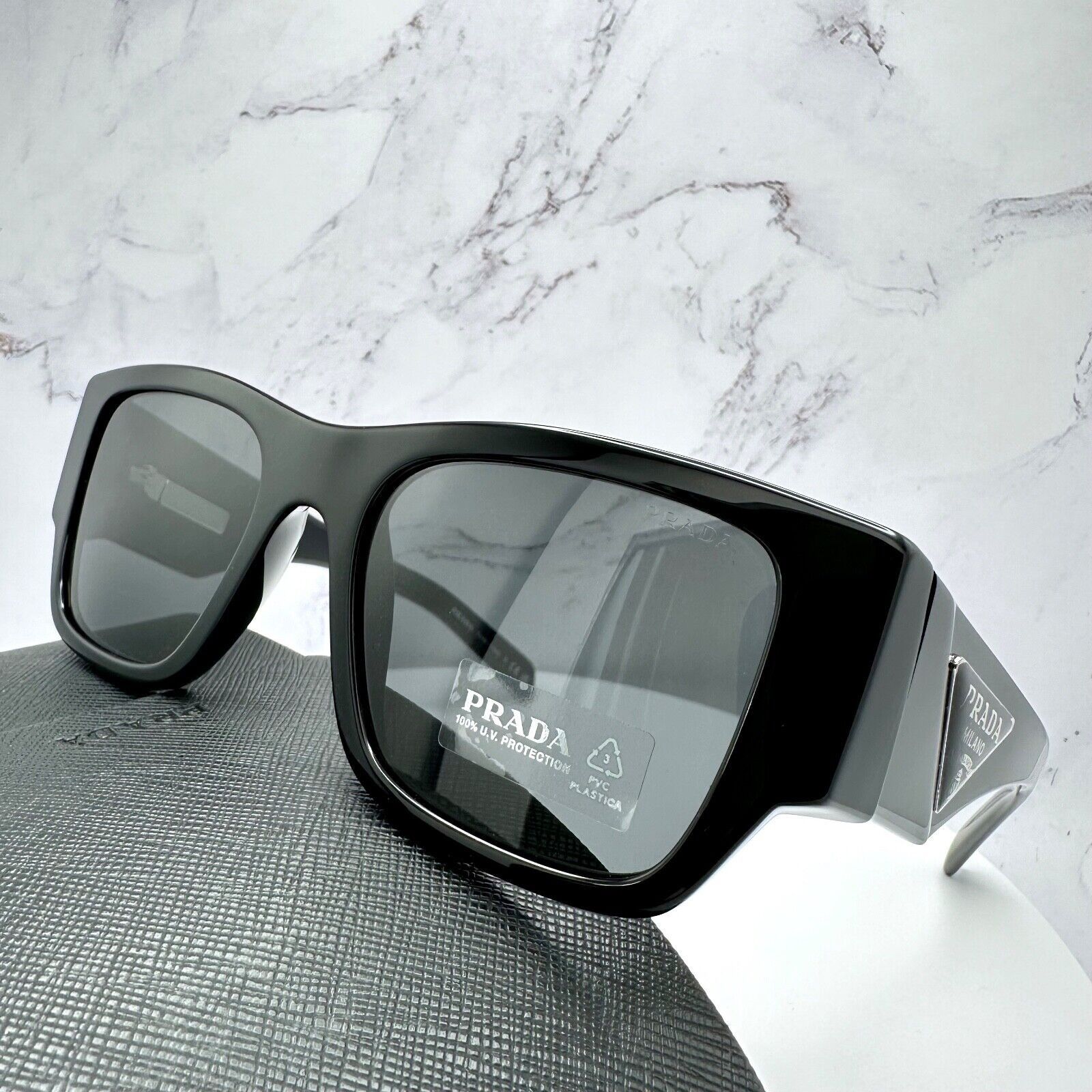 image of Prada Sunglasses Black Silver Triangle Metal Plaque Logo, Men's