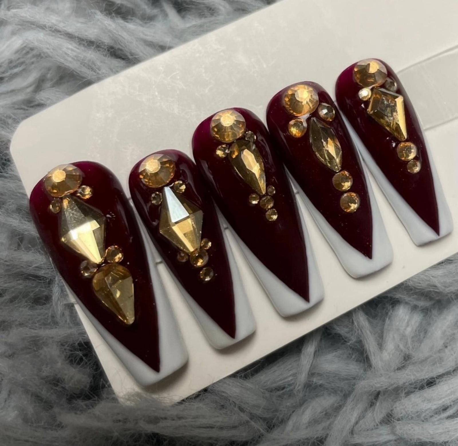 Handmade Long coffin press on nails gold rhinestones French tips Size ONE SIZE - 1 Preview