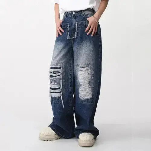Jean Men Ripped Wide Leg Distressed Denim Jeans Size US 33 - 3 Thumbnail