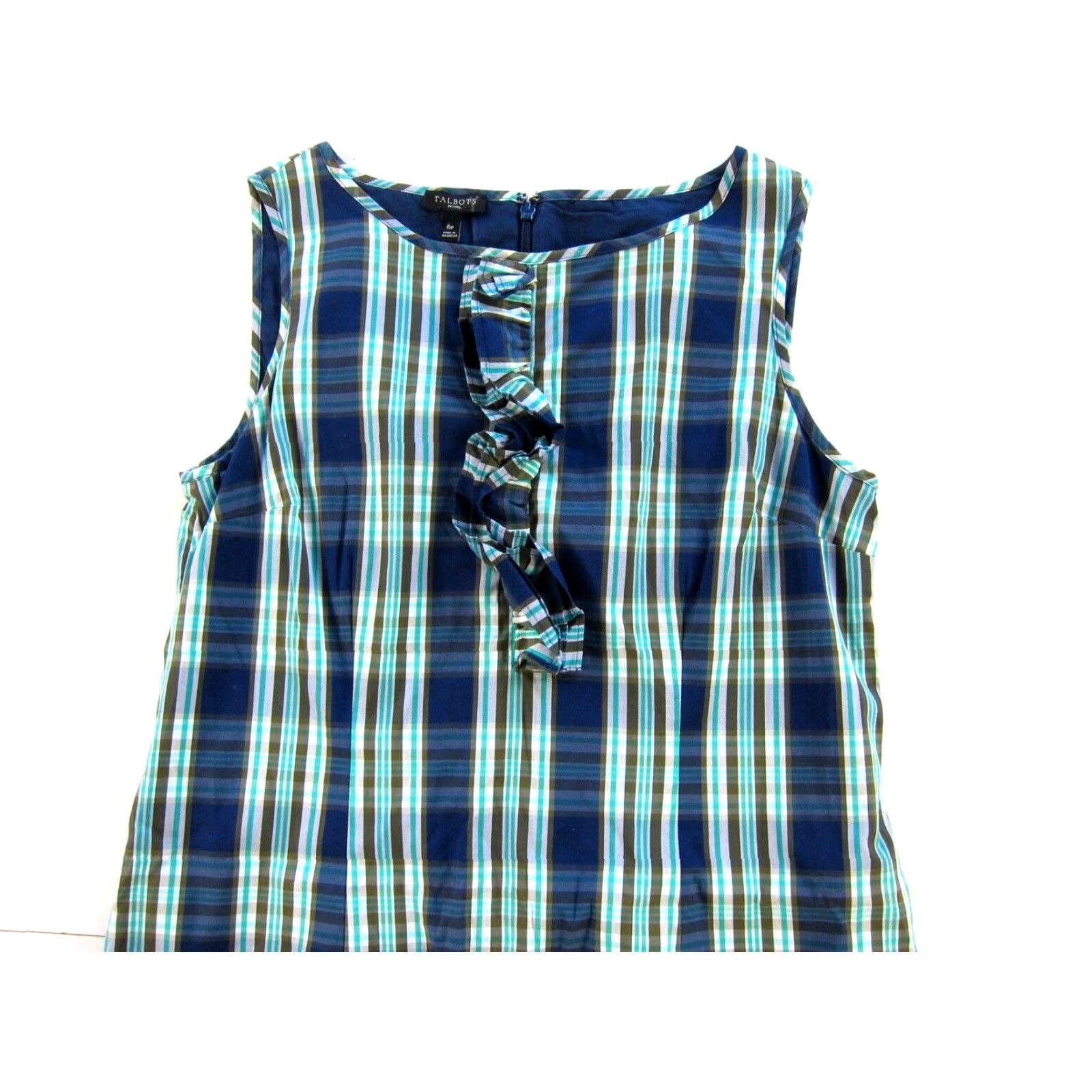 Talbots Talbots Cotton Plaid Ruffle Sleeveless Tank Dress 6P Blue White Green Pattern Shift Dress Women Petite 6P Size M / US 6-8 / IT 42-44 - 3 Thumbnail
