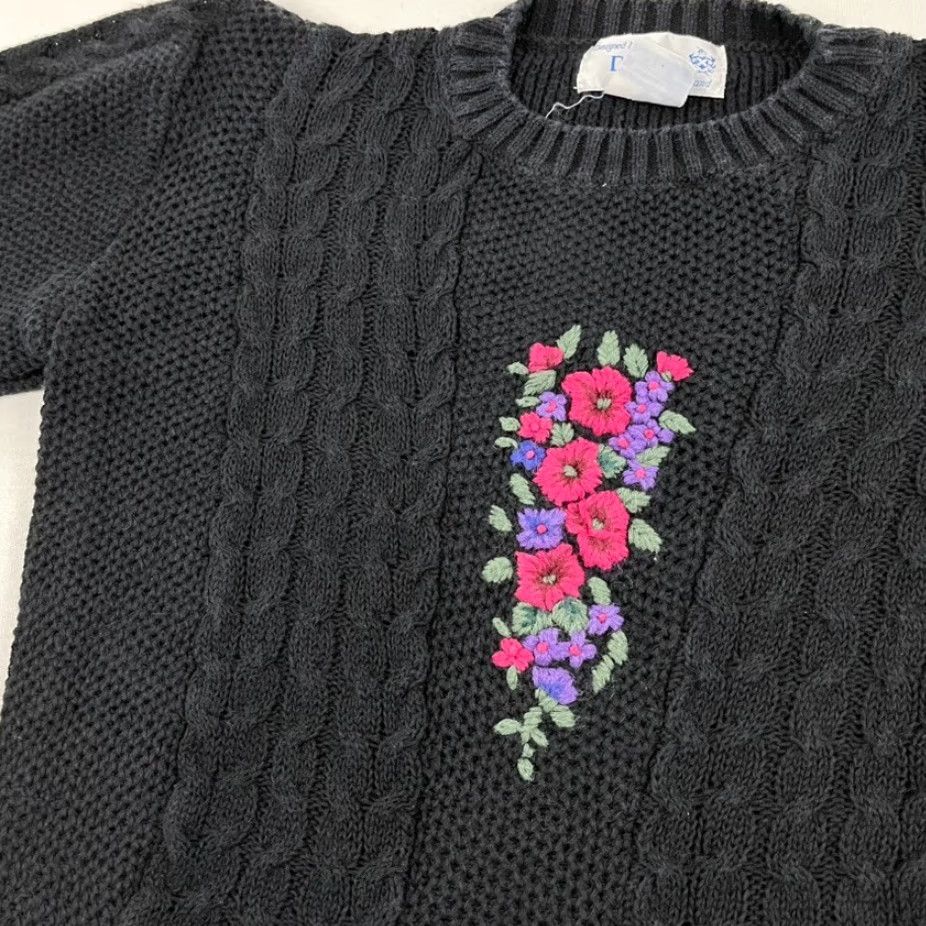 Vintage VINTAGE Deans of Scotland Sweater Women S / Medium Crop Floral Embroidered Knit Boho 90s Size M / US 6-8 / IT 42-44 - 2 Thumbnail