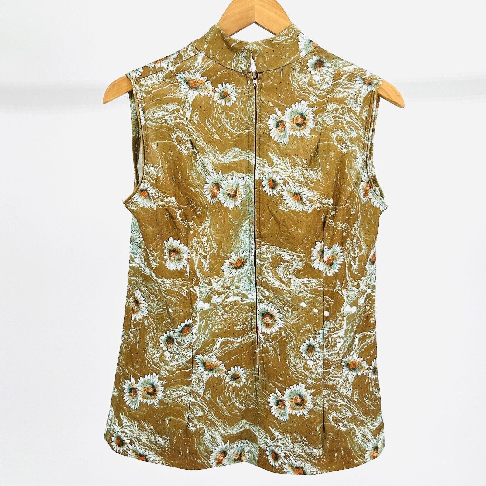 Handmade Handmade 60s High Neck Sleeveless Brown Floral Daisy Top Size L / US 10 / IT 46 - 4 Thumbnail