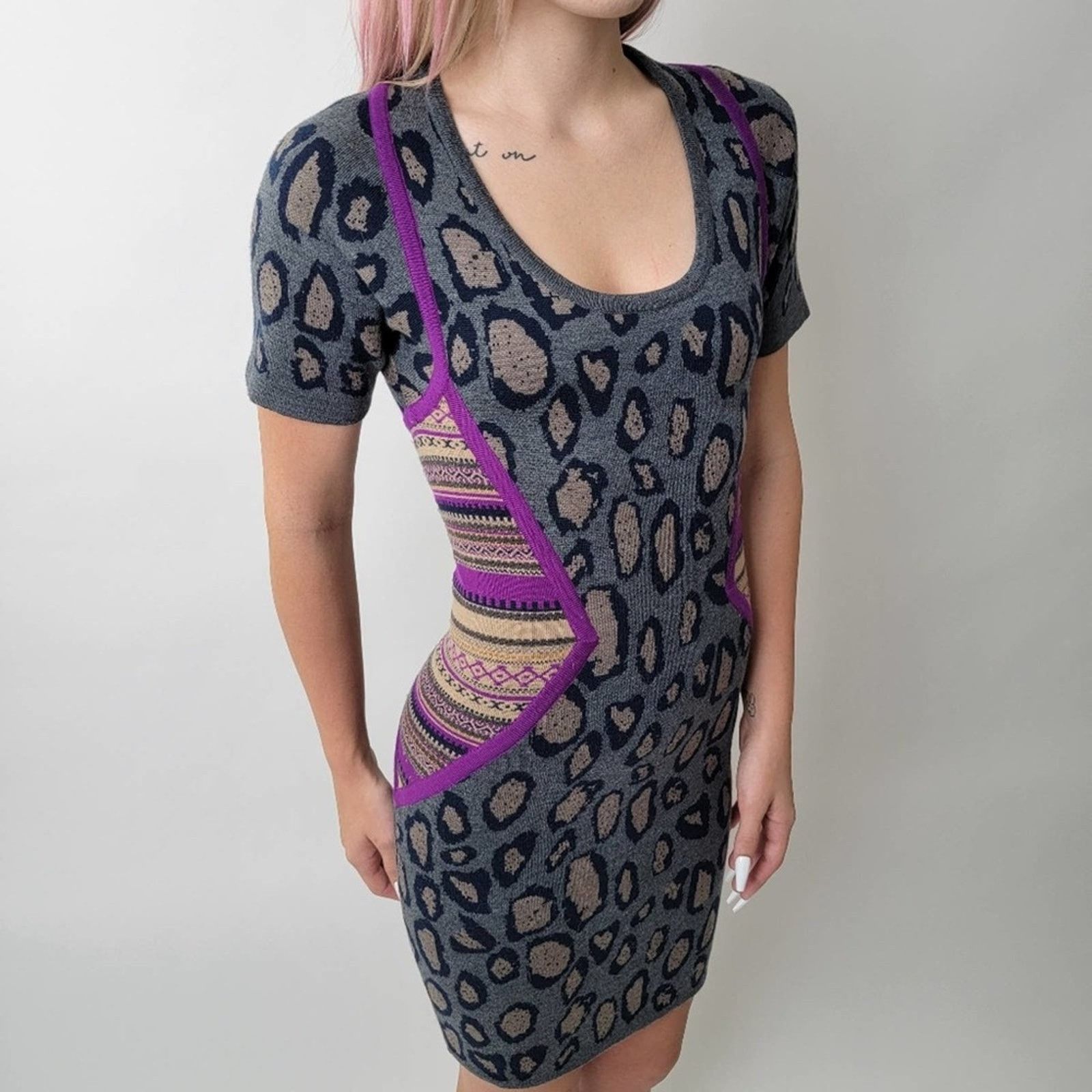 Designer Cut25 by Yigal Azrouël Boa Leopard Bodycon Sweater Dress Size XS / US 0-2 / IT 36-38 - 2 Thumbnail