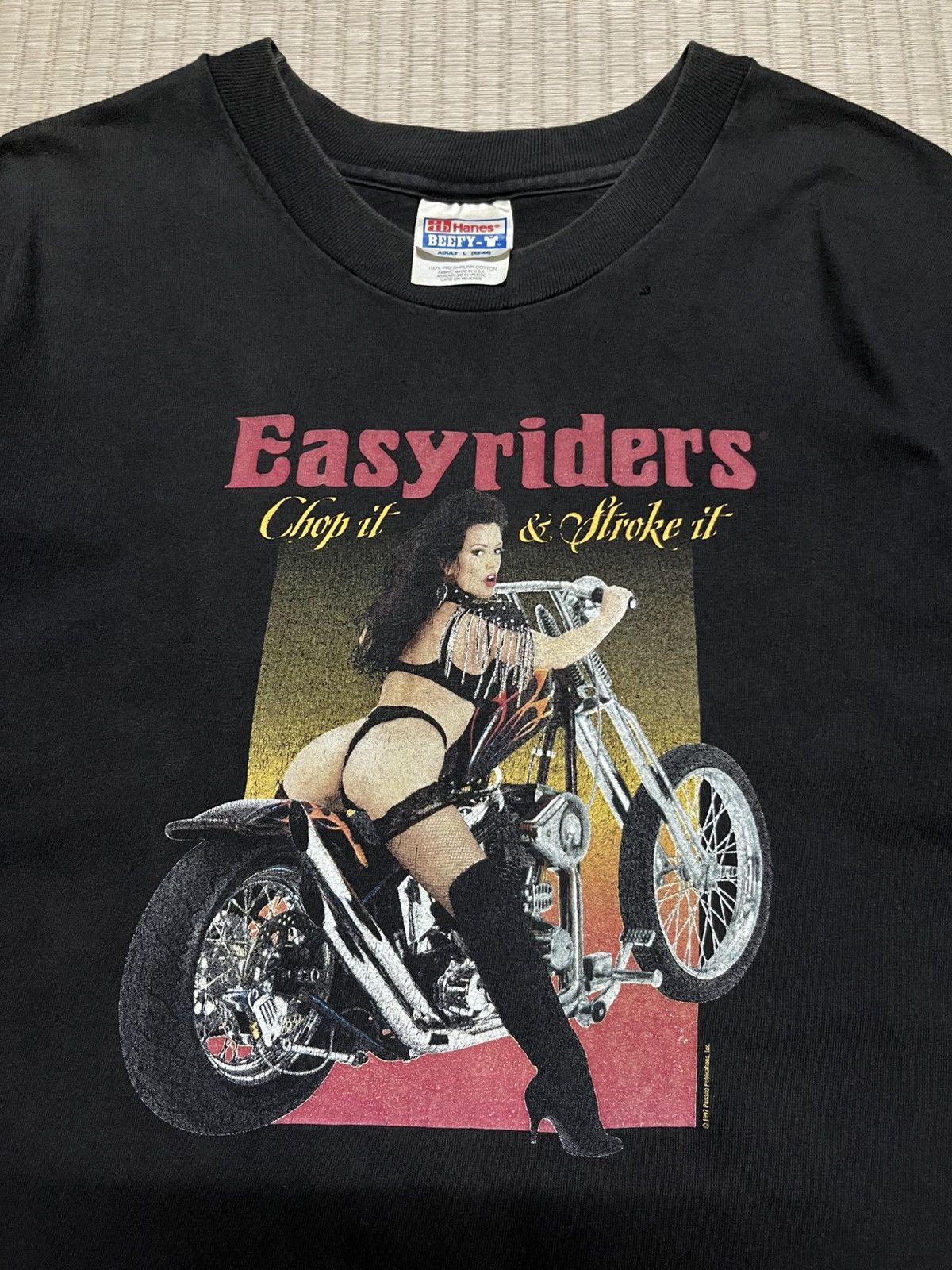 Harley Davidson 1997 Easyriders Chop It Stroke It Faded Black T-Shirt Size US L / EU 52-54 / 3 - 3 Thumbnail