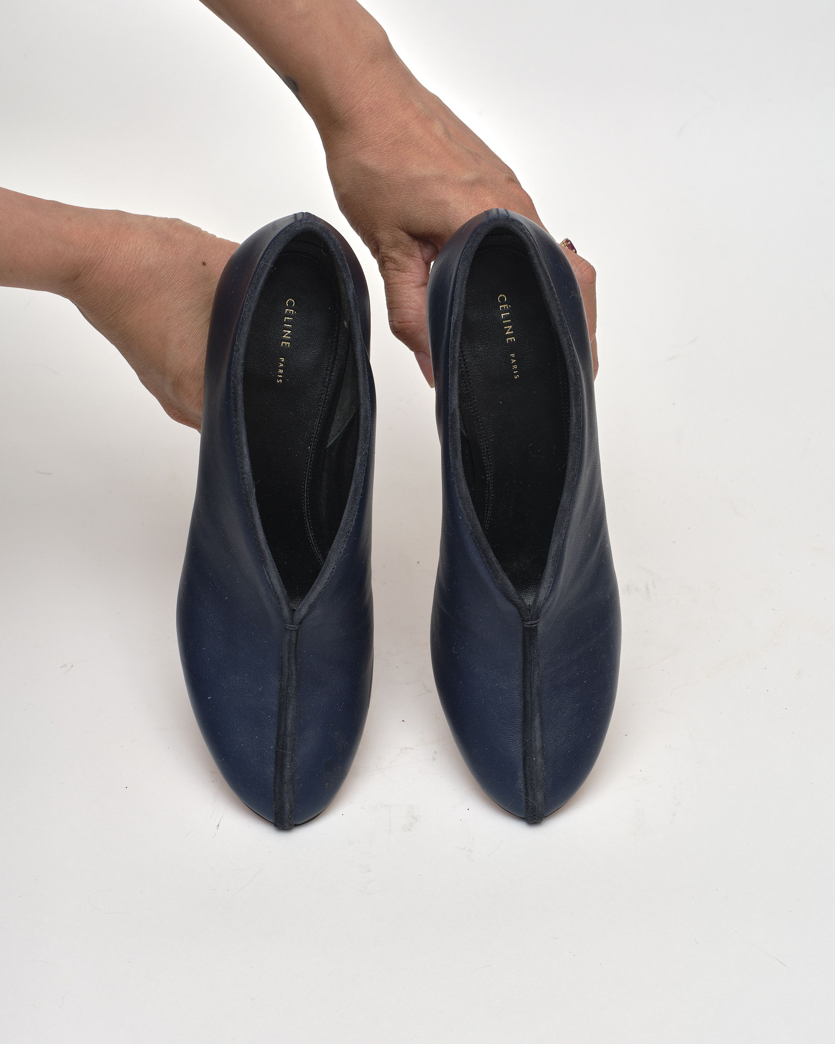 Celine CELINE Navy Blue Leather V Neck Block Heel Pumps Size US 8 / IT 38 - 2 Thumbnail
