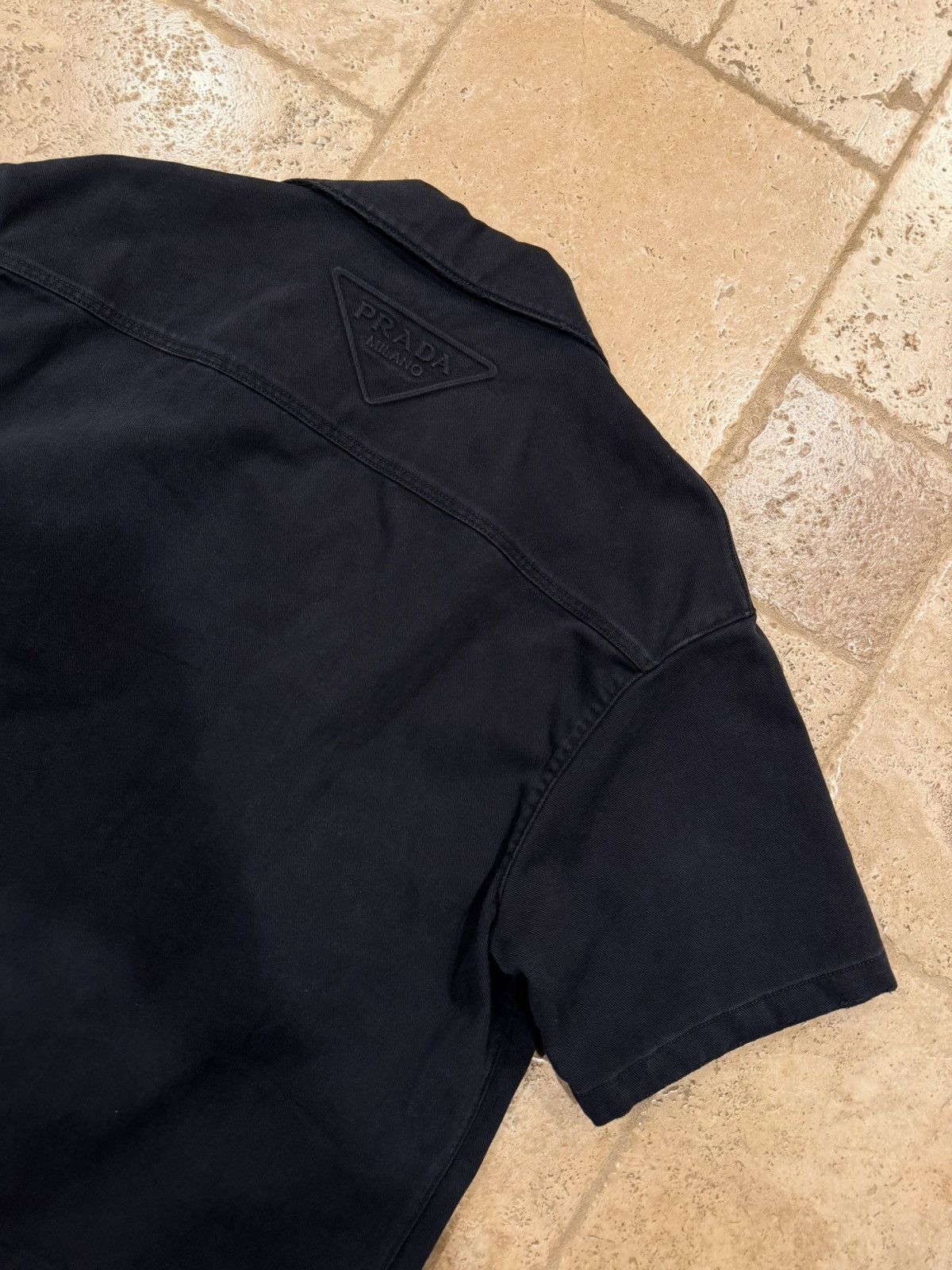 Prada Prada Black Denim Distressed Back Logo Button Bowling Shirt Size US M / EU 48-50 / 2 - 10 Thumbnail