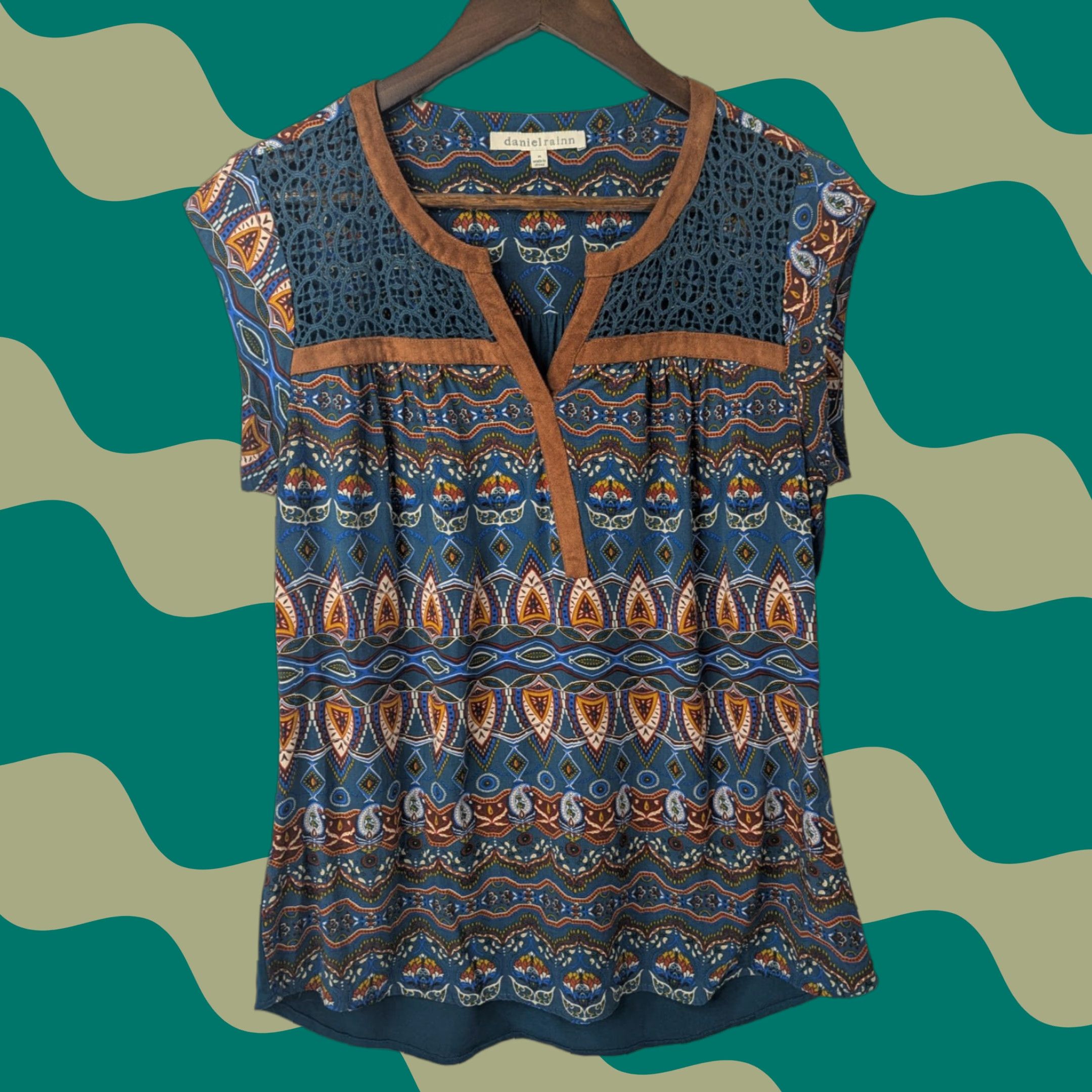YOKE Daniel Rainn Geometric Sleeveless Blouse Top Coquette Lace Yoke Blue M Medium Style Basic Shirt Women Size M / US 6-8 / IT 42-44 - 1 Thumbnail