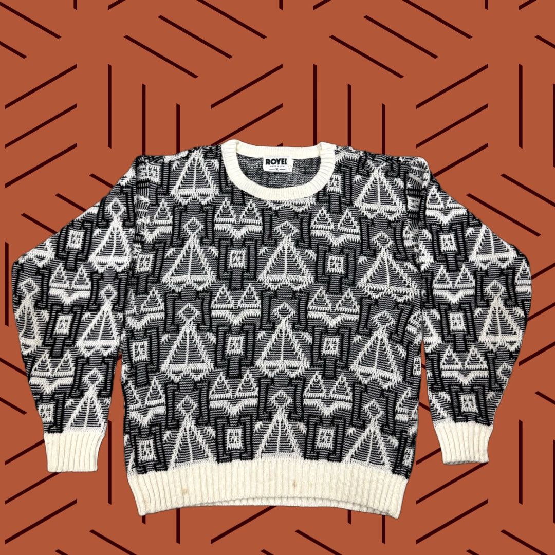 VINTAGE Royer USA Geometric Crew Knit Sweater Men XL Multi Color Crew Neck 90s 80s Grandpa Art USA Mens Sweater