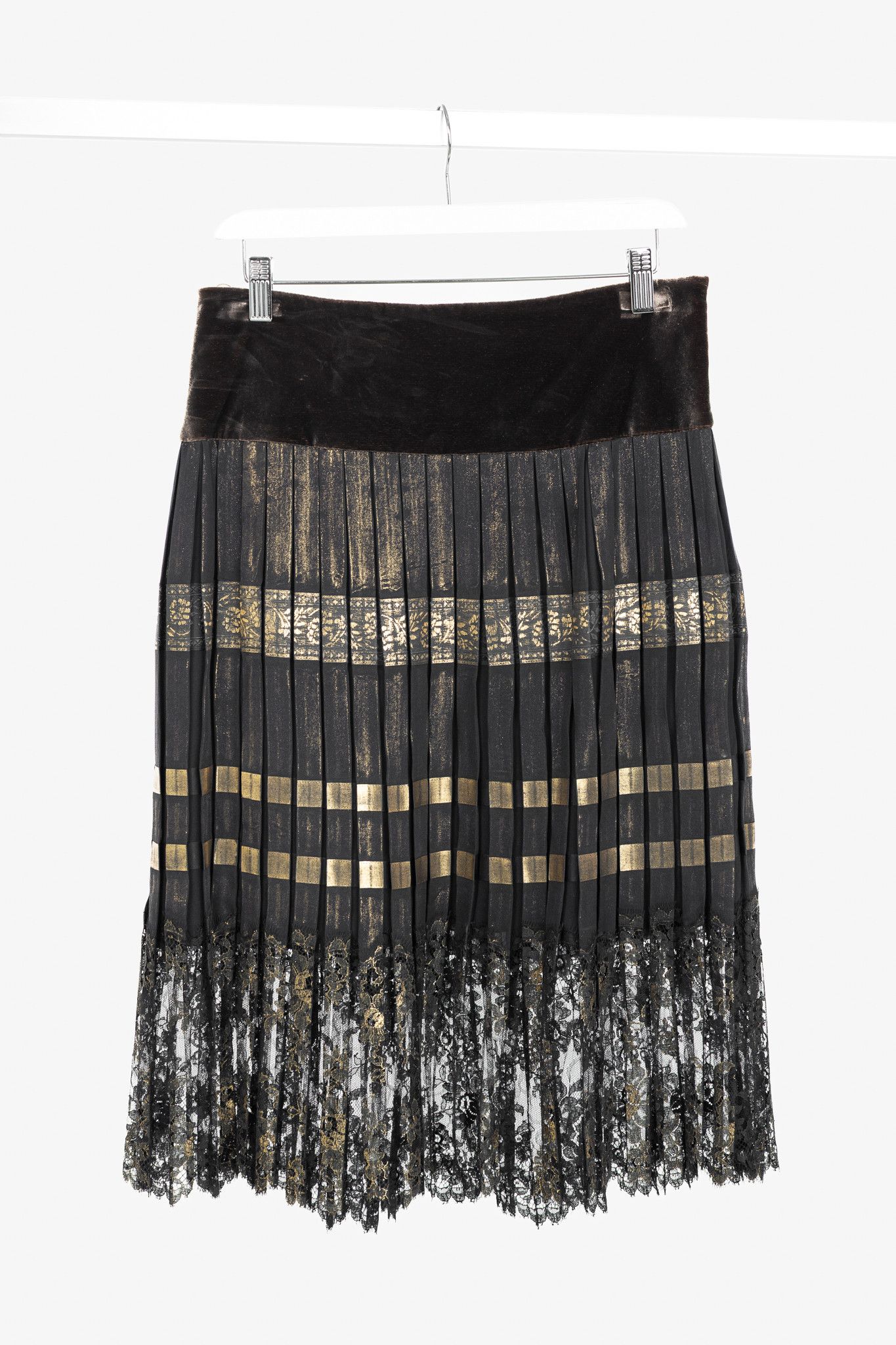 Jean Paul Gaultier Jean Paul Gaultier Silk Foil Pleated Lace-Hem Midi Skirt Size 30" / US 8 / IT 44 - 1 Thumbnail