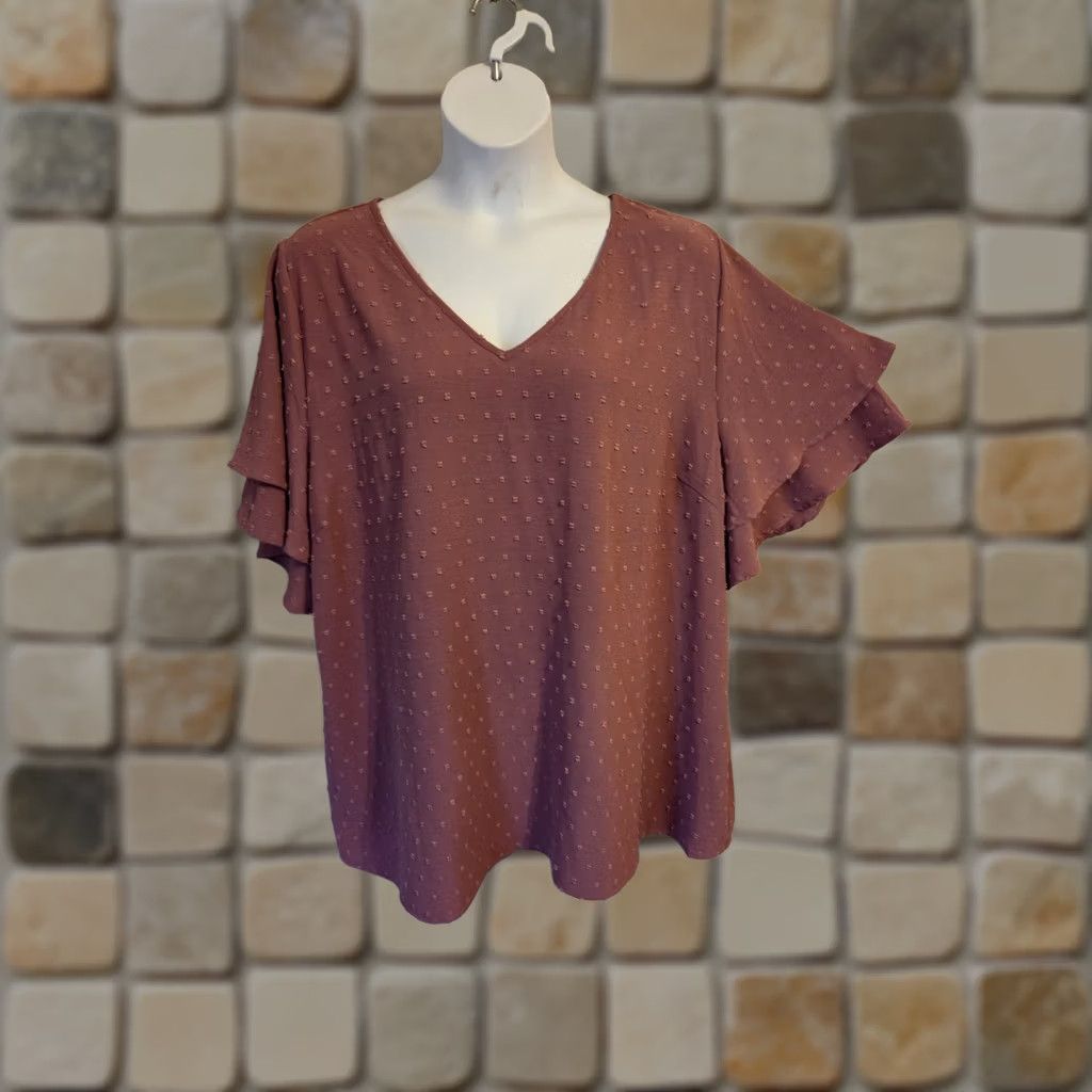 Vintage Bloomchic Mauve Pink Swiss Dot Ruffle Flutter Sleeve Top 26 Plus Women Size 4XL / US 24-26 - 1 Thumbnail