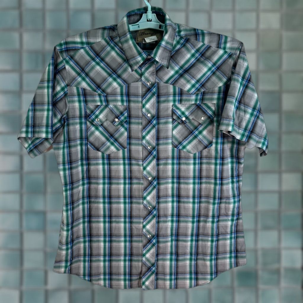 Wrangler Wrangler Shirt Plaid Button-Up Men’s L Grey Green Short Sleeve Western Casual - (But must use only original words; also avoid extra punctuation.) Size US L / EU 52-54 / 3 - 1 Thumbnail
