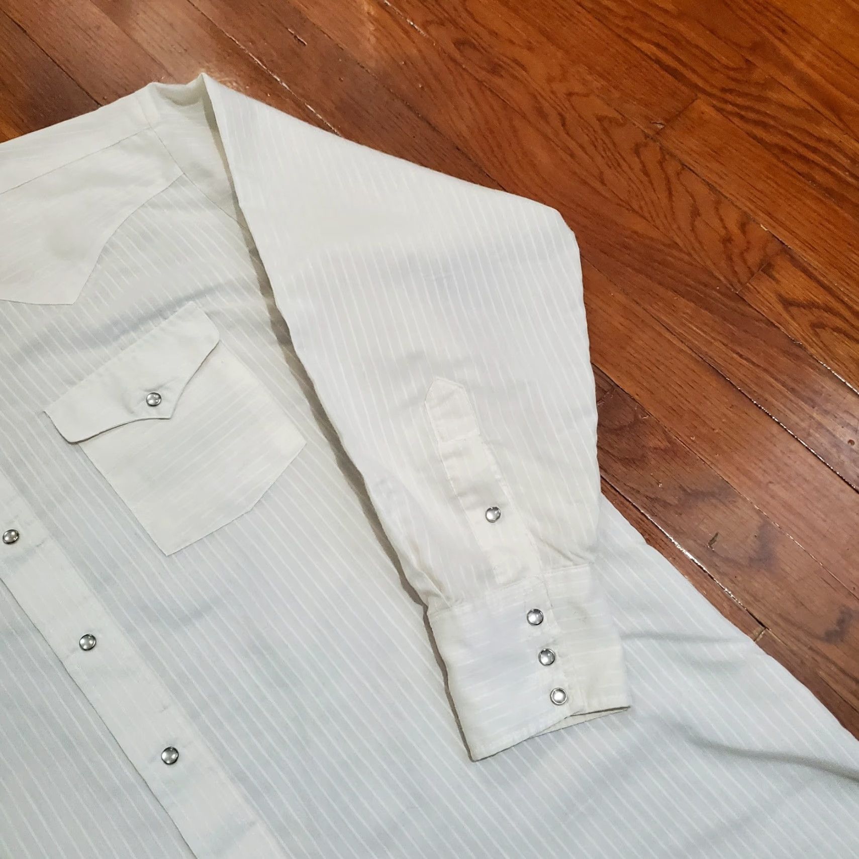 Vintage VINTAGE Panhandle Slim Shirt Western Striped 17.5 34 Pearl Snap Made USA Cowboys Beige White Cotton Twill Button-Up Casual Mens Size US XXL / EU 58 / 5 - 3 Thumbnail