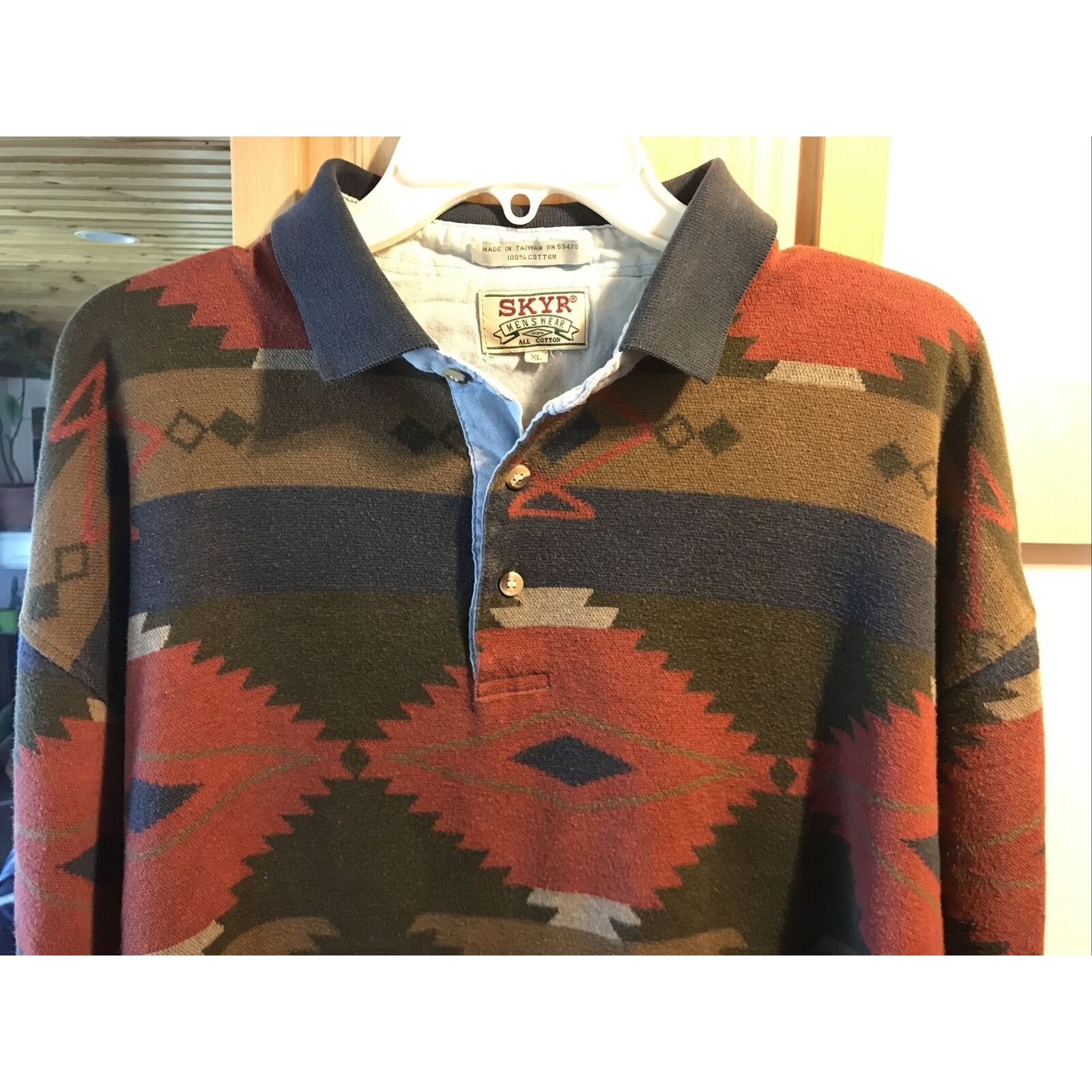 Other Skyr Vintage Mens XL Aztec Tribal Print LS Cotton Polo Shirt Size US XL / EU 56 / 4 - 8 Thumbnail