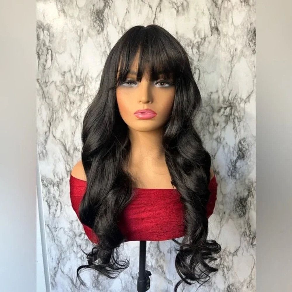 Other 26 Inch Long Wave Curly Black Wig with Bangs density 200% Size ONE SIZE - 4 Thumbnail