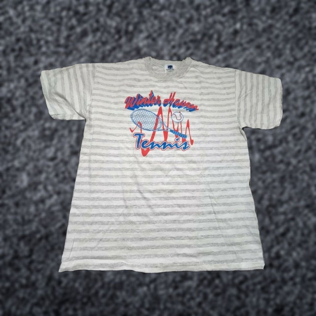 Vintage VINTAGE Kingstree Striped Tennis T-Shirt Short Sleeve Mens XL White Cotton 80s Size US XL / EU 56 / 4 - 1 Thumbnail