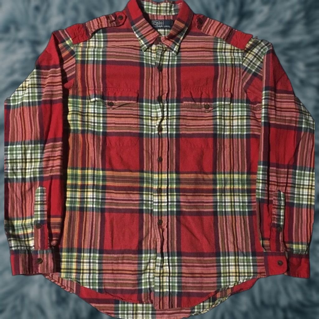 Polo Ralph Lauren VINTAGE Polo Ralph Lauren Shirt XL Red Flannel Patchwork Button-Up Cowboy Army Epaulette 90s 80s Mens Size US XL / EU 56 / 4 - 1 Thumbnail