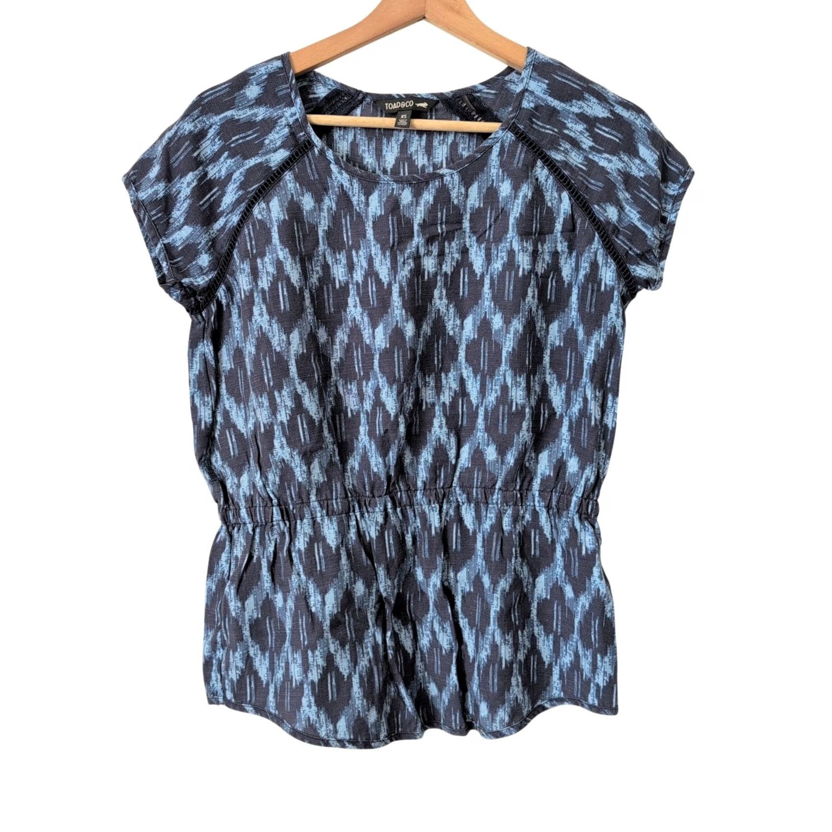 Toad&Co TOAD&CO Hillrose Tee Tunic Blue Ikat Print Drawstring Short Sleeve XS Tunic Women Geometric Crochet Lightweight Breathable Spring Summer Size 26" / US 2 / IT 38 - 2 Thumbnail