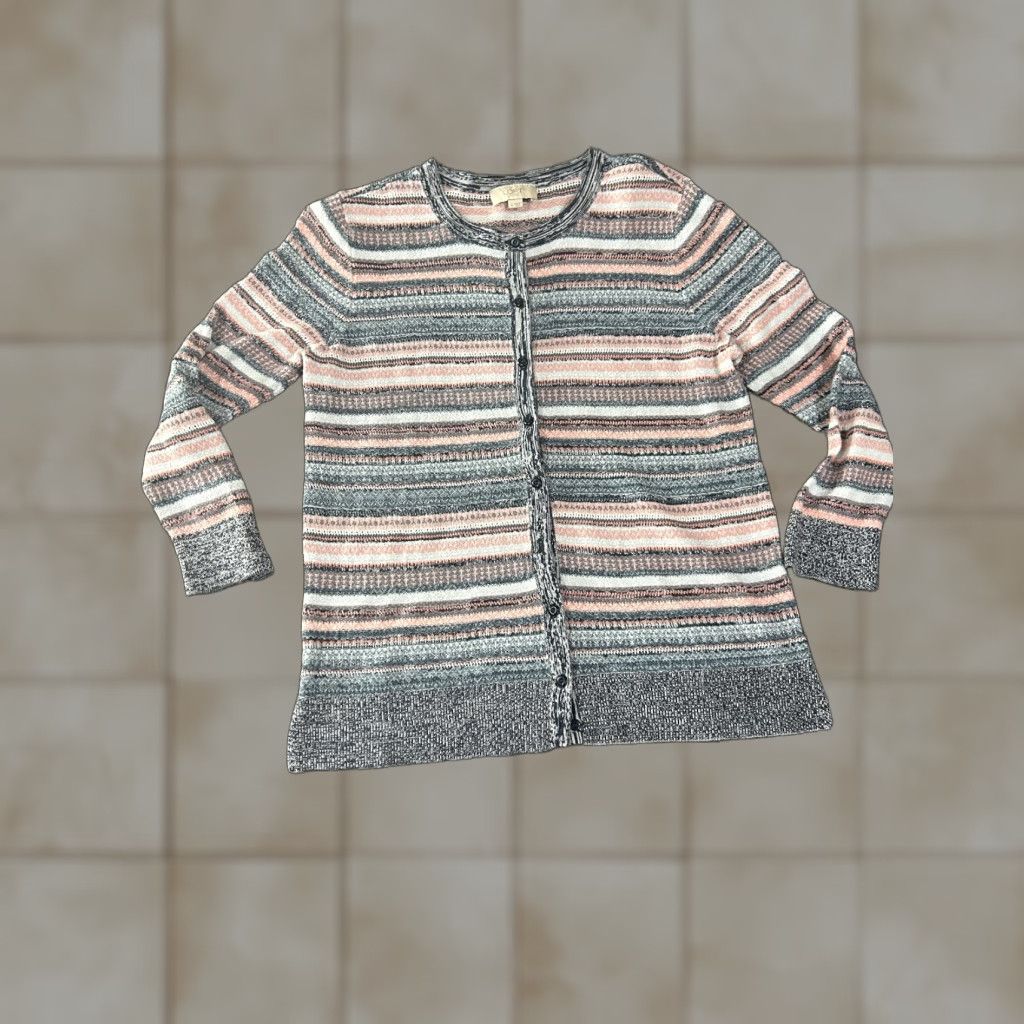 Loft LOFT Cardigan Sweater Womens Medium Gray Pink Striped Crew Neck Knit Button Front Raglan Sleeve Size M / US 6-8 / IT 42-44 - 1 Thumbnail